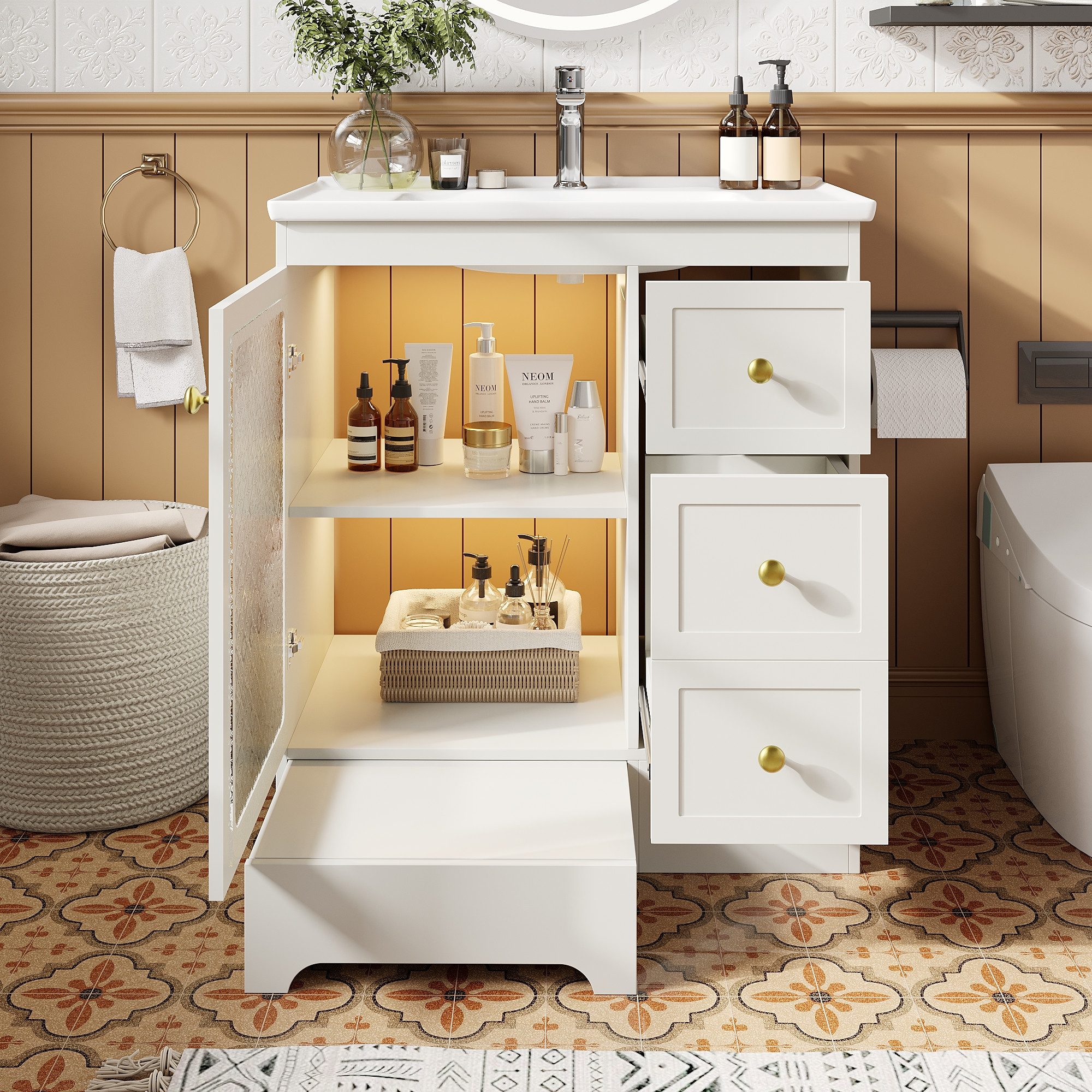 STILVORA Badkommode Waschtischunterschrank mit Waschbecken Badmöbel mit Fußstütze (Badezimmerwaschtisch mit Hocker, mit Keramikbecken,LED (APP),MDF+Glas, Goldgriffe,mit Stauraum & Hocker), 2-in-1 Hocker (Tritt & WC), LED RGB, Soft-Close, platzsparend