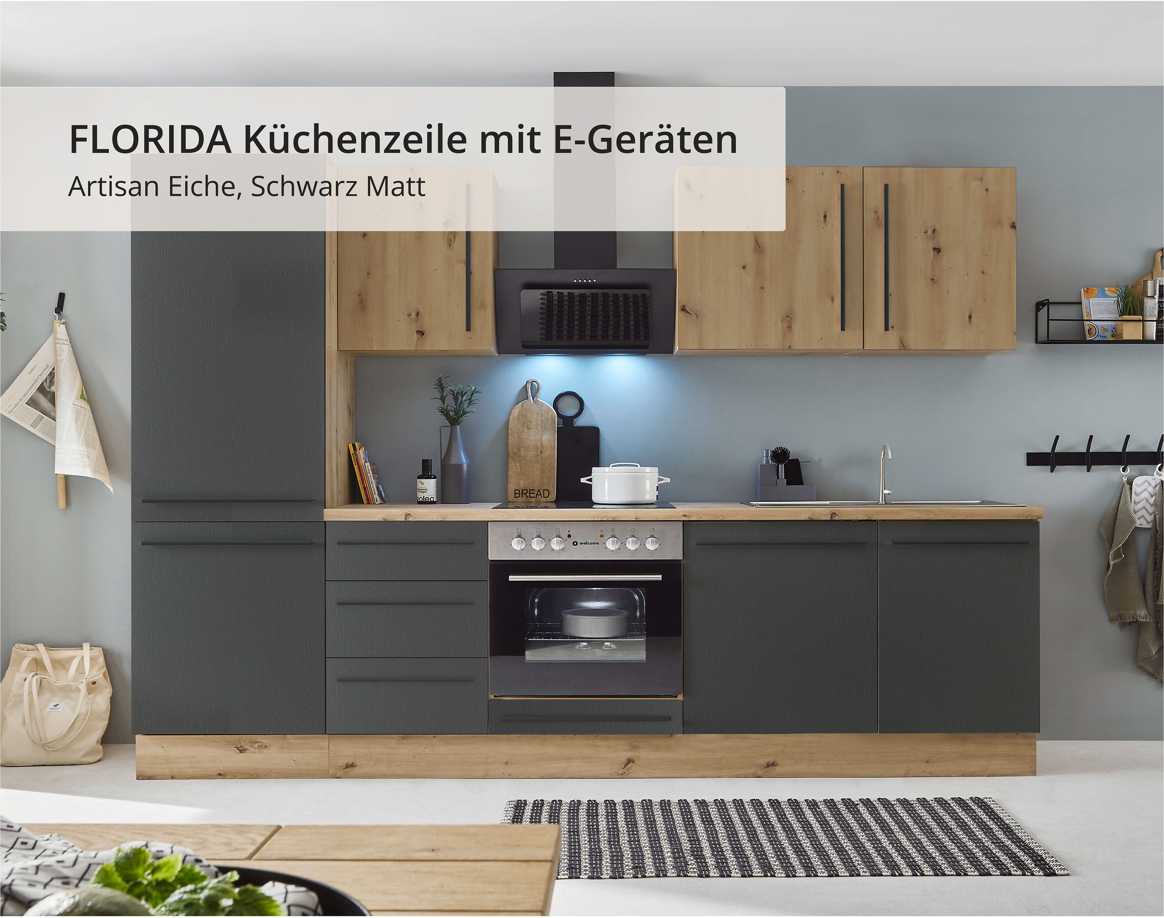 KOCHSTATION Küchenzeile KS-Florida mit 38mm starker Arbeitsplatte, Breite 280 cm, wahlweise mit E-Geräten, Soft-Close-Funktion