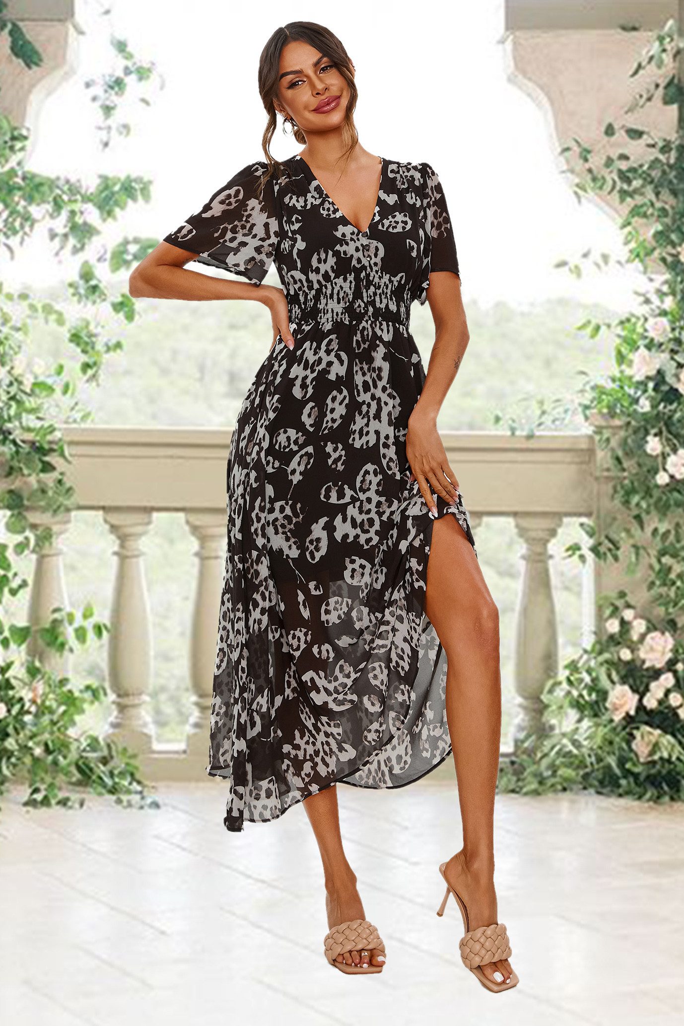 FS Collection Sommerkleid Damen Midikleid Sommerkleid Freizeitkleid V-Ausschnitt Geraffte Taille, fließender Stoff, femininer Schnitt