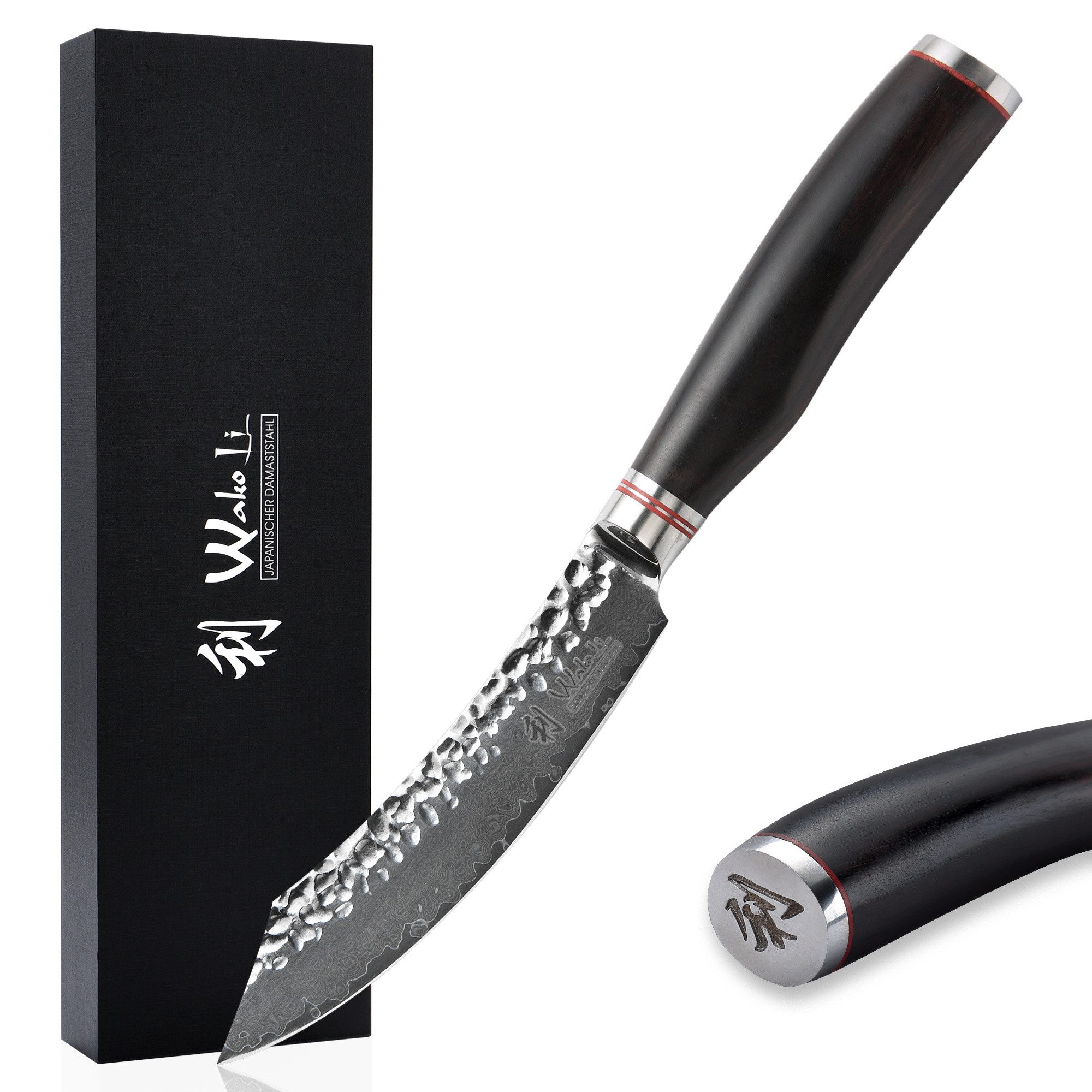 Wakoli Steakmesser EBO Damastmesser I 12,5 cm Klinge I schwarzer Eichenholzgriff (1 Stück)
