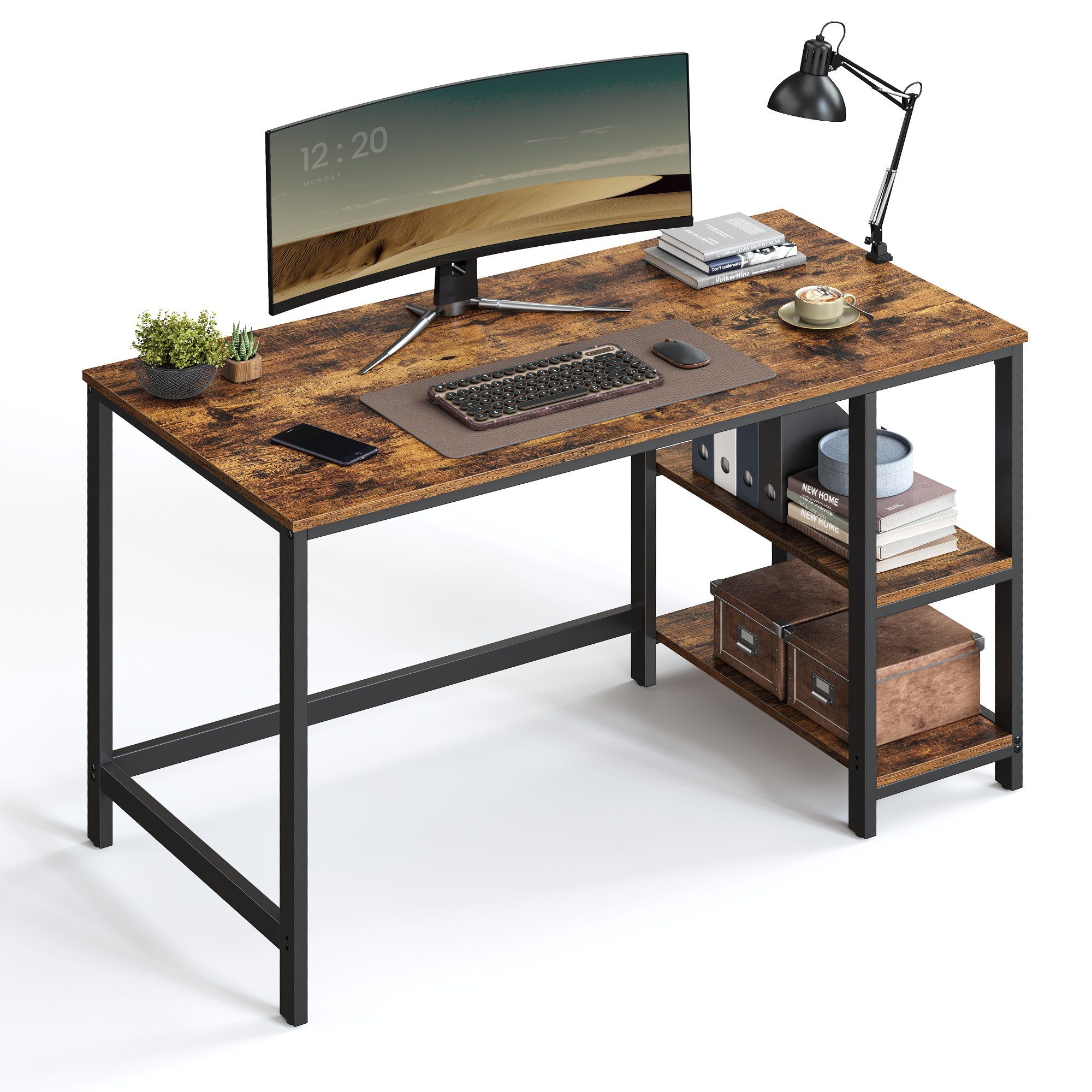 VASAGLE Schreibtisch Computertisch, 120x60x75 cm Bürotisch mit 2 Ablagen vintage | Schwarz | Vintagebraun