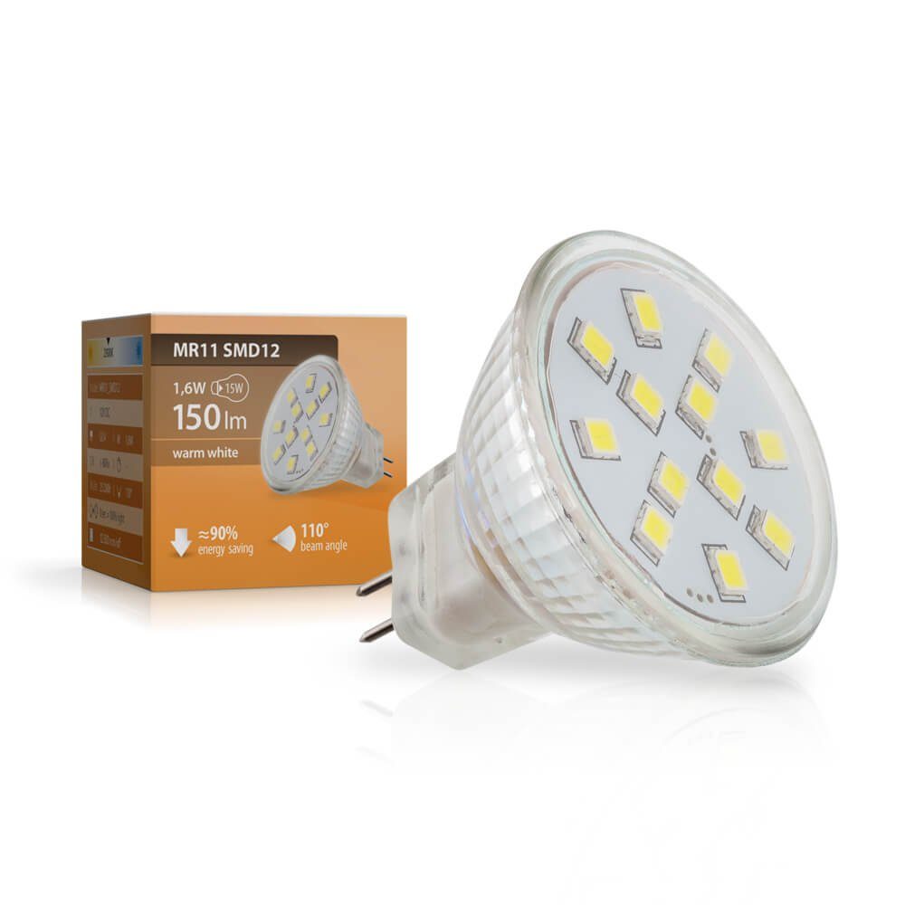 SEBSON LED Lampe GU4/ MR11 1.6W warmweiß 150lm Leuchtmittel 110° 12V DC LED- Leuchtmittel
