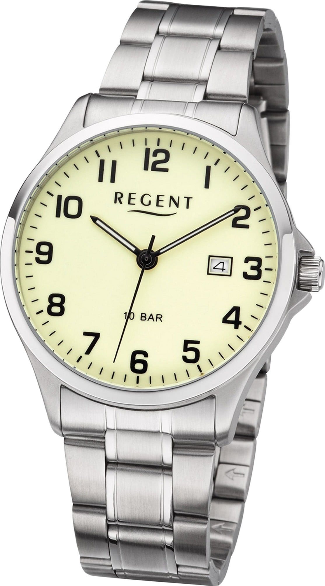 Regent Quarzuhr Regent Metall Herren Uhr F-1192 Analog, Herrenuhr Metallarmband silber, rundes Gehäuse, mittel (ca. 39mm)