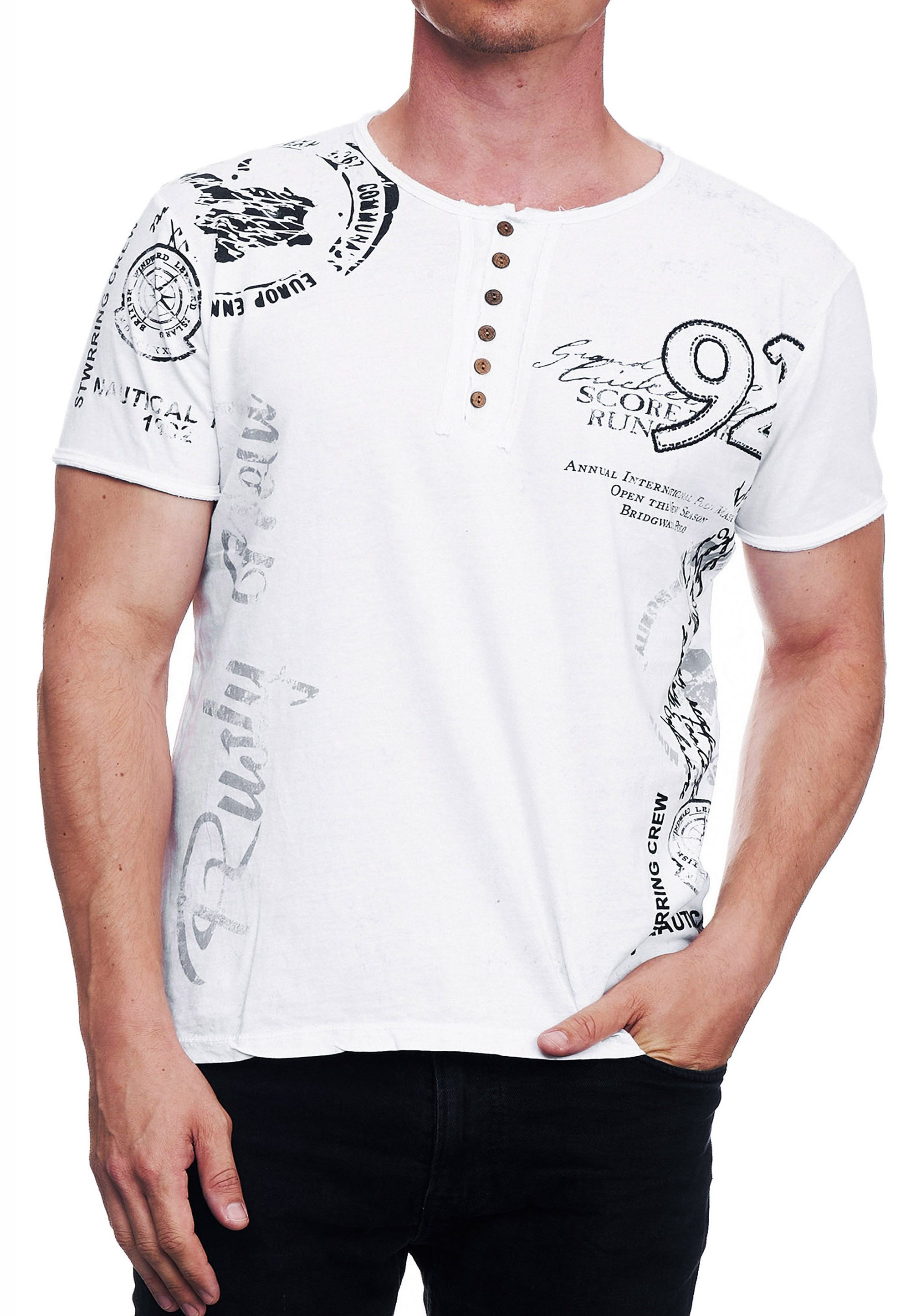 T-Shirt Verwaschenes Herren T-Shirt Rundhals Knopfleiste Tee Shirt Kurzarm