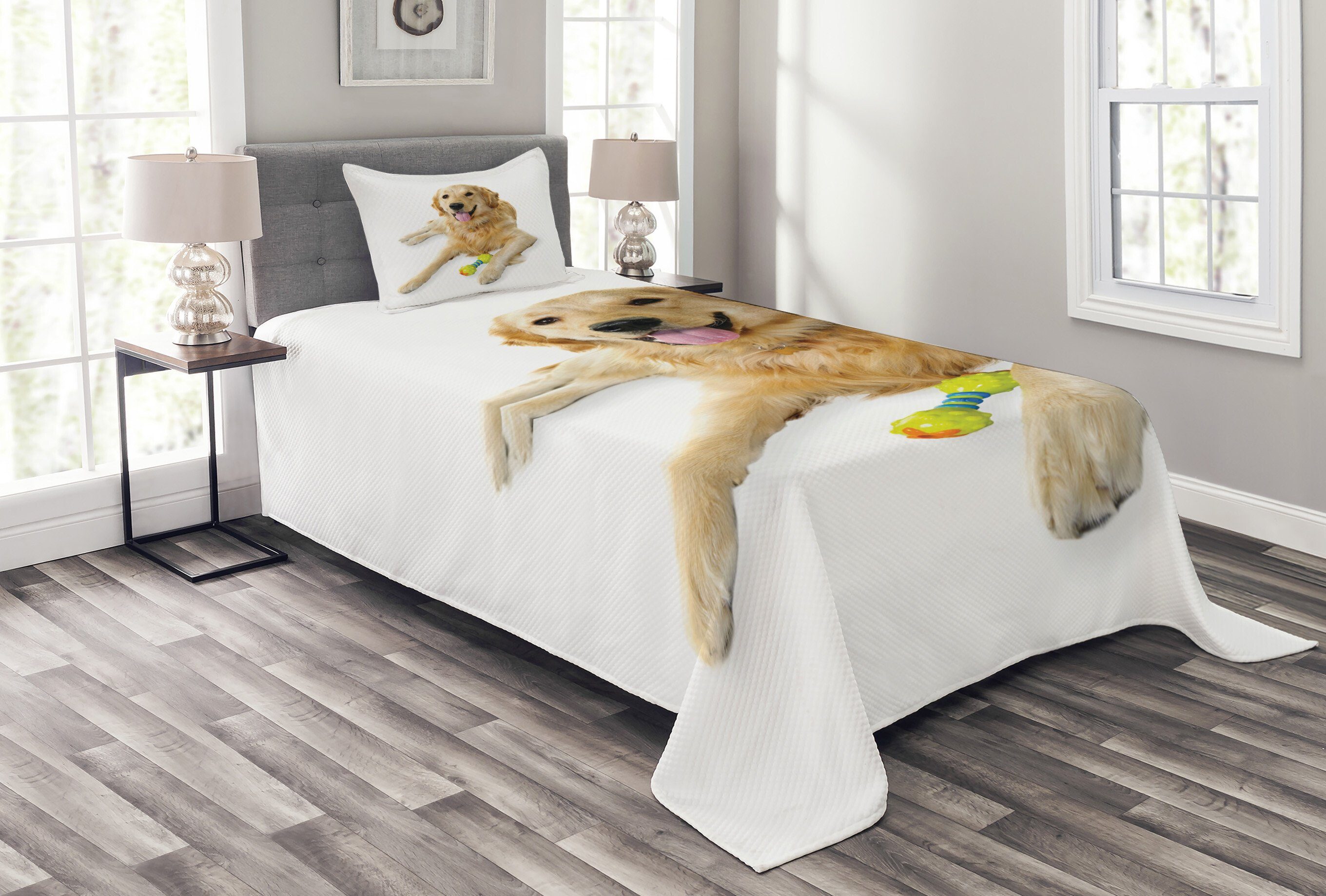 Tagesdecke Set mit Kissenbezügen Waschbar, Abakuhaus, Golden Retriever Hund Spielzeug