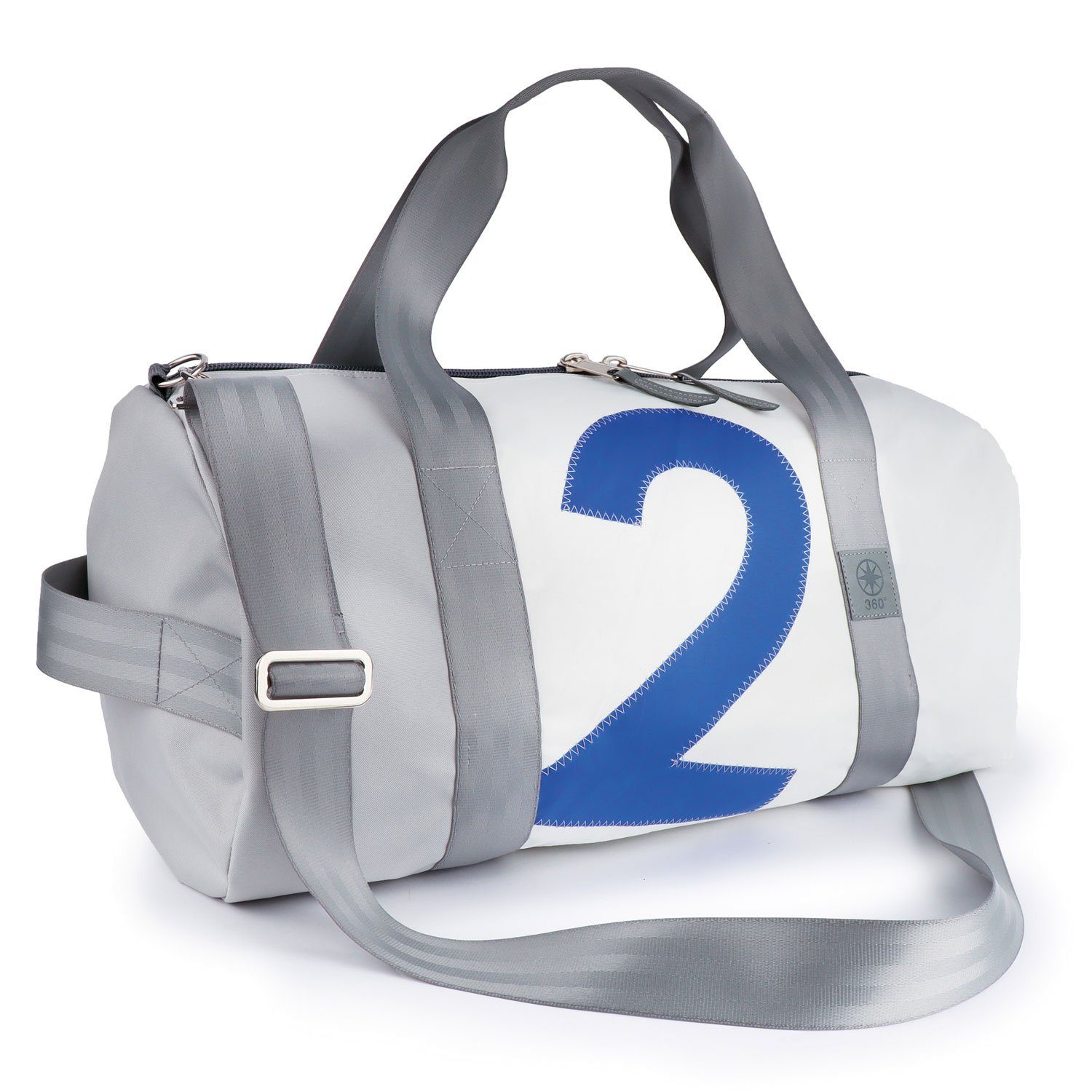 Zahl Umhänge-Tasche weiß-grau, Pirat 360Grad Segeltuch blau Reisetasche