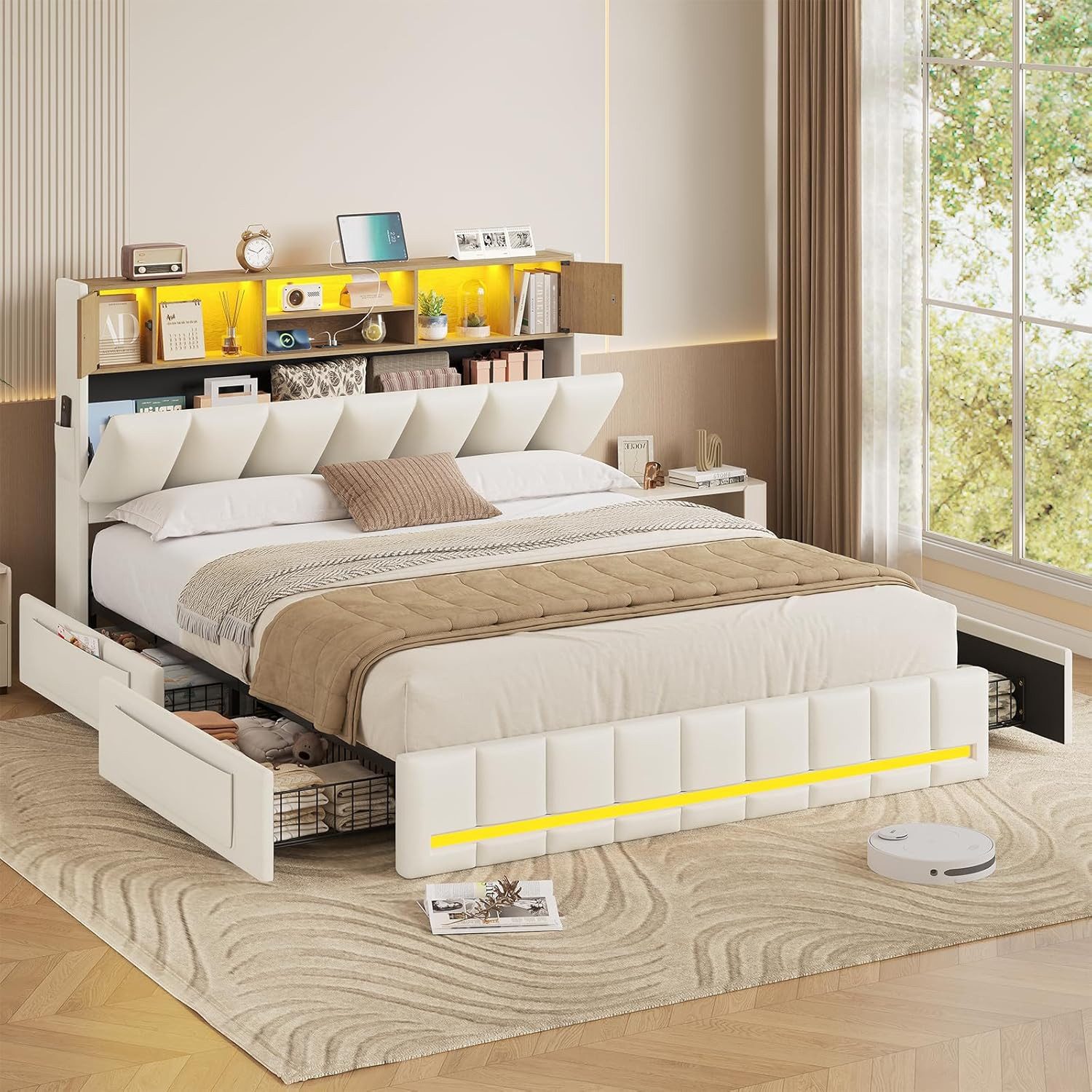 KIMENICH Polsterbett Bettgestell mit LED-Beleuchtung, 4 Schubladen, Ladesta günstig online kaufen