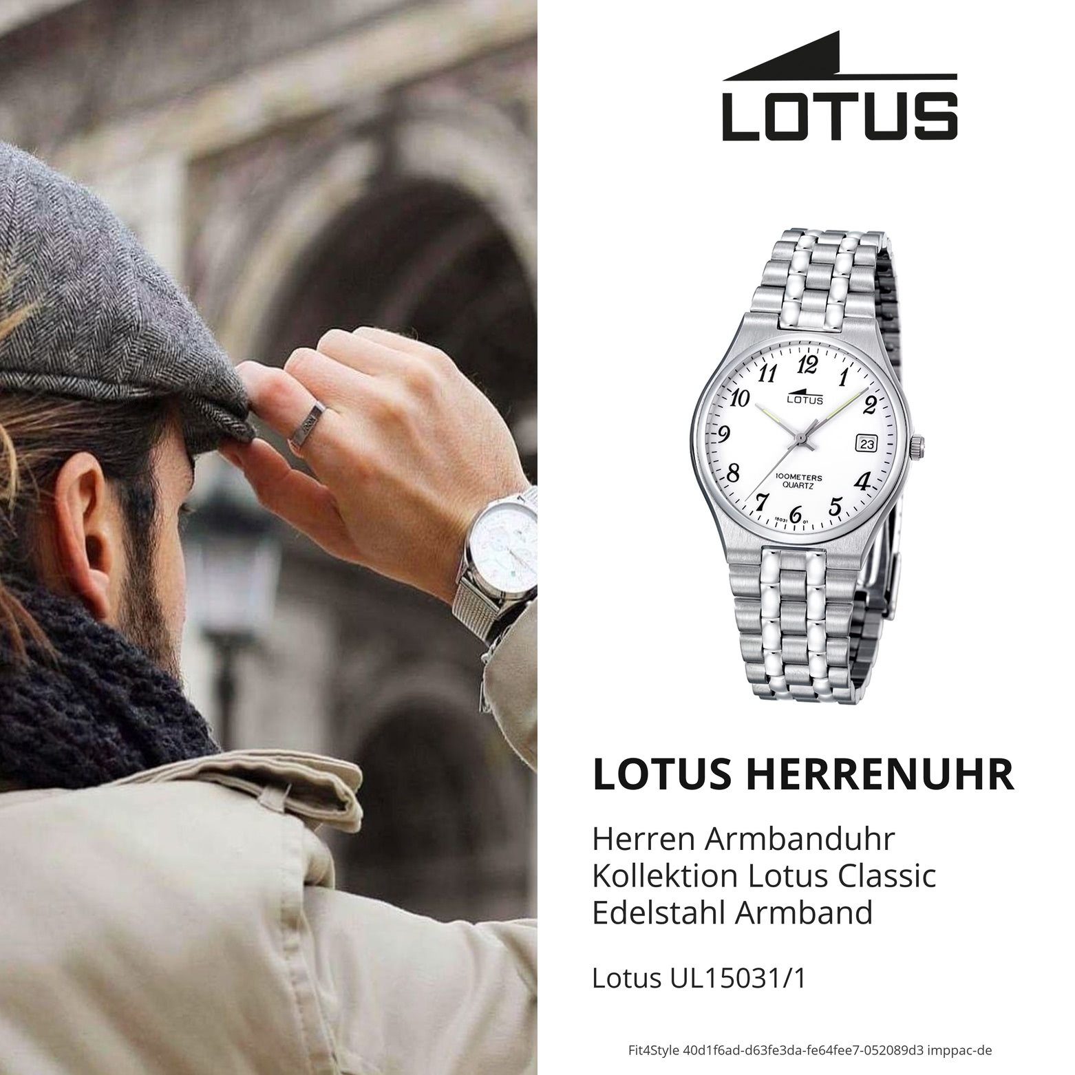 rund, Lotus Herren Herren Armbanduhr mittel Quarzuhr L15031/1, Uhr Edelstahlarmband silber (ca. Lotus 34,5mm), Elegant
