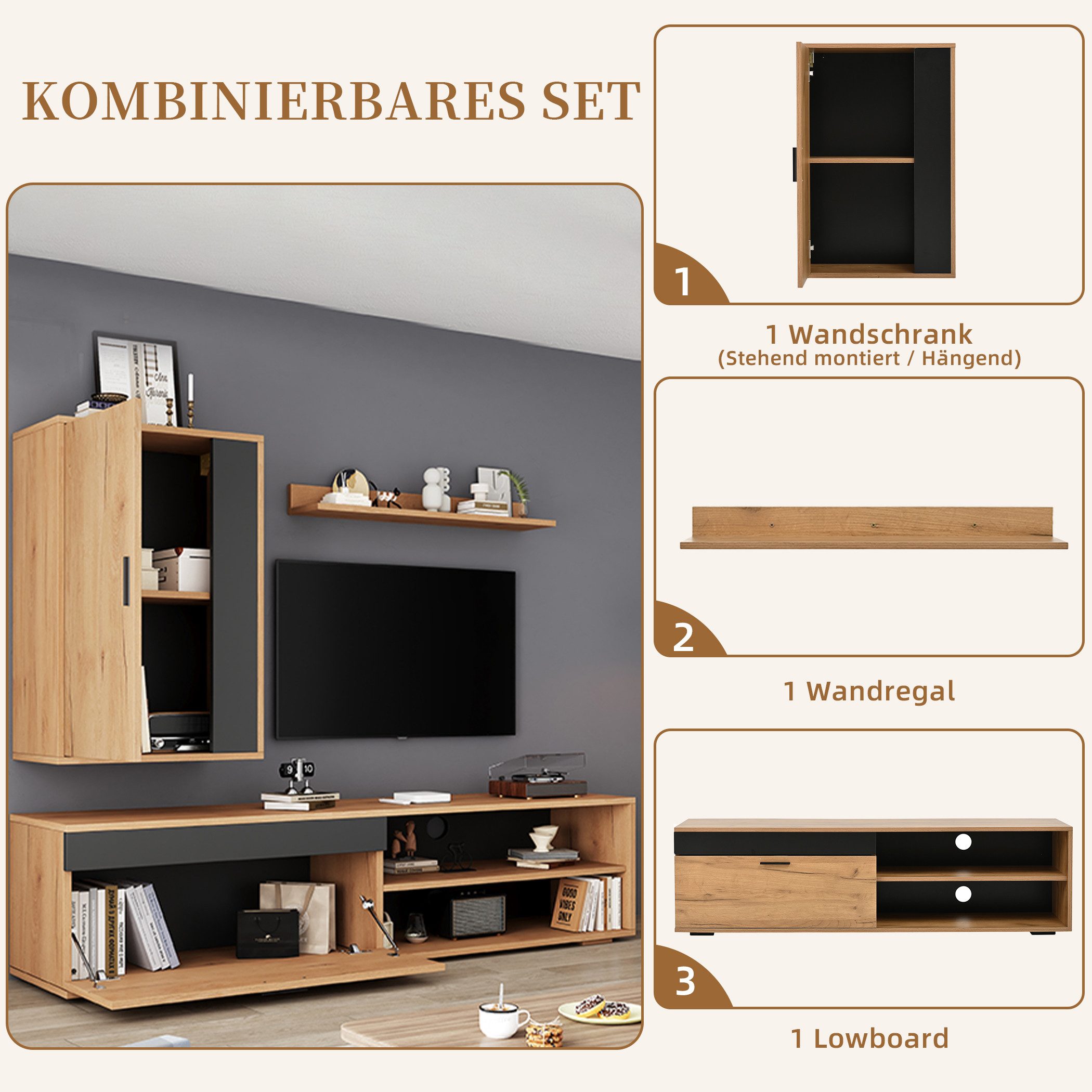 SeedWave Lowboard Combo-Set, 1 TV-Schrank, Hängeschrank und Wandregal, Kabeldurchführung, Der Fernsehschrank-Set mit 2 Schranktüren, 2 halboffene Fächer