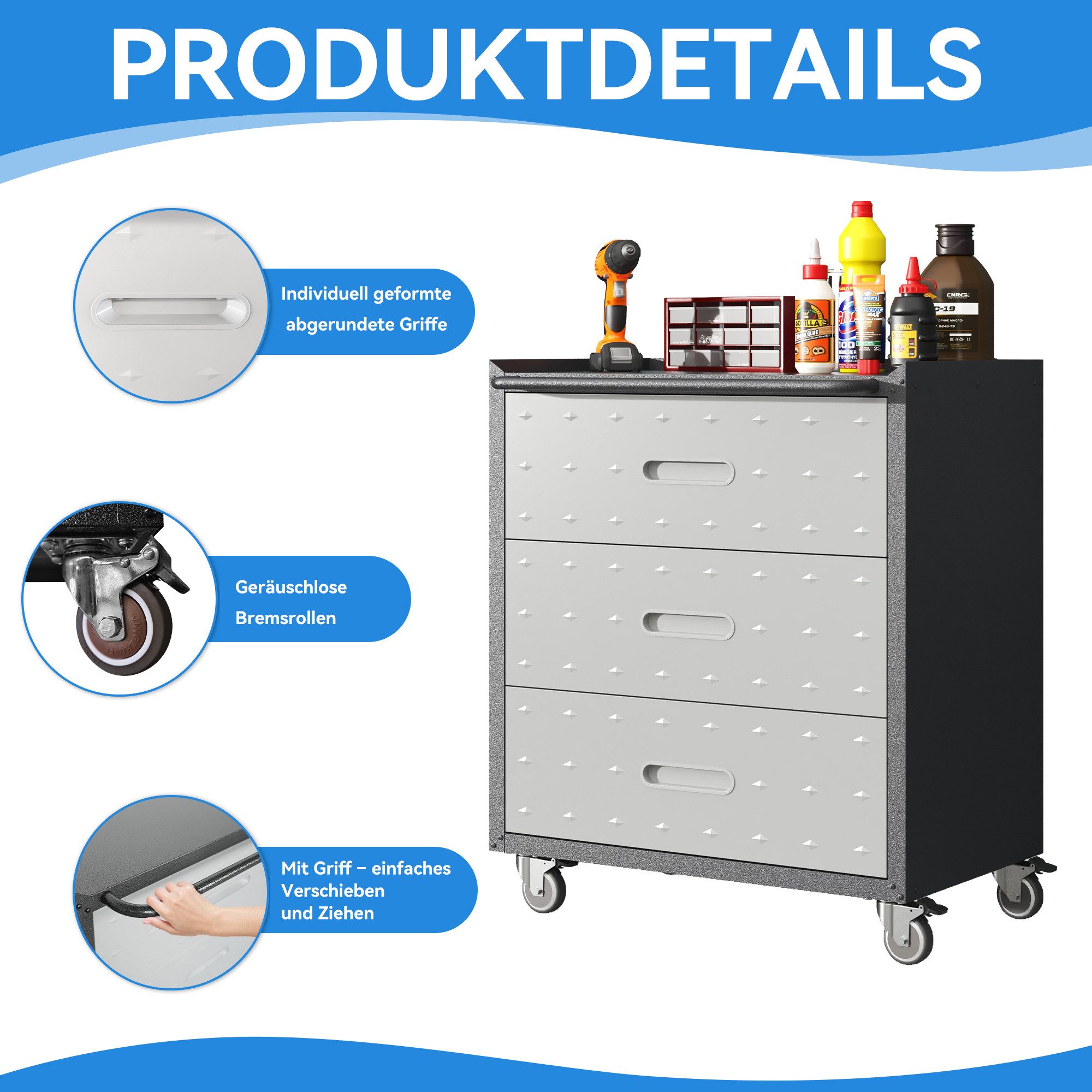 Odikalo Werkzeugschrank Heavy-Duty Metall mit Rollen 3-Schubladen-Tool-Cabinet grau/schwarz 75 × 42 × 88 cm – Bild 2 von 5
