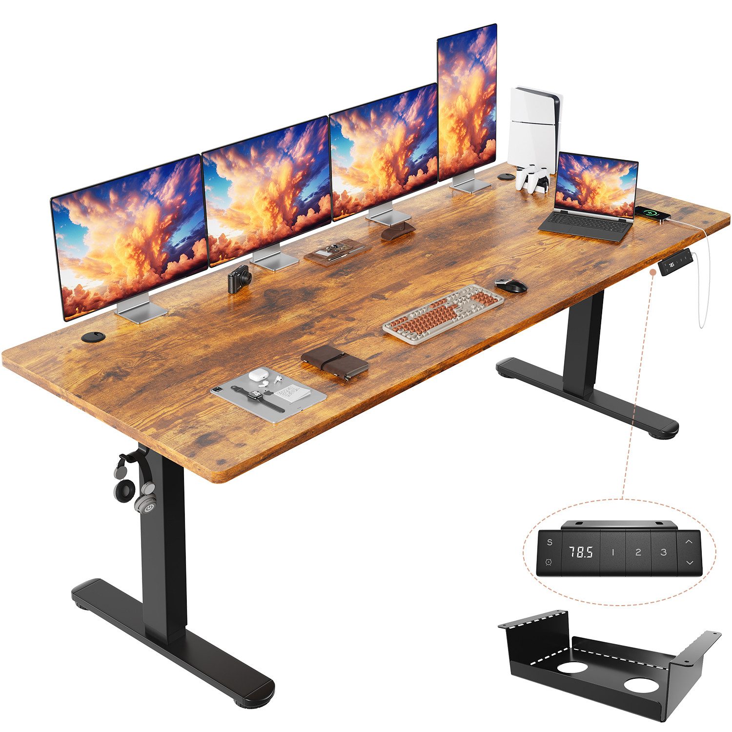 HOMALL Schreibtisch Höhenverstellbarer Schreibtisch mit 3 Höhen-Speicherfunktionen (Mehrere Größen: 120/140/160/180/200 cm, mit 1 USB-Ladeanschluss, Tischplatte mit einer Tiefe von 80 cm Der Tisch besteht aus vier Tischplatten)