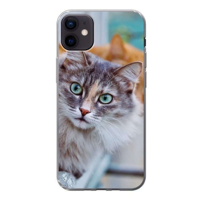 MuchoWow Handyhülle Katze - Fenster - Katzen Handyhülle Apple iPhone 12 Mini Smartphone-Bumper Print Handy