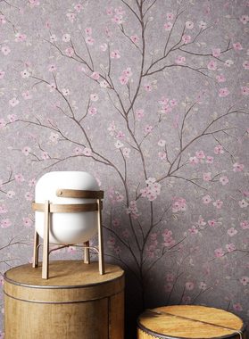 Newroom Vliestapete, Grau Tapete Floral Blumen - Blumentapete Blätter Rosa Tropisch Asiatisch Kirschblüte Bäume für Wohnzimmer Schlafzimmer Küche
