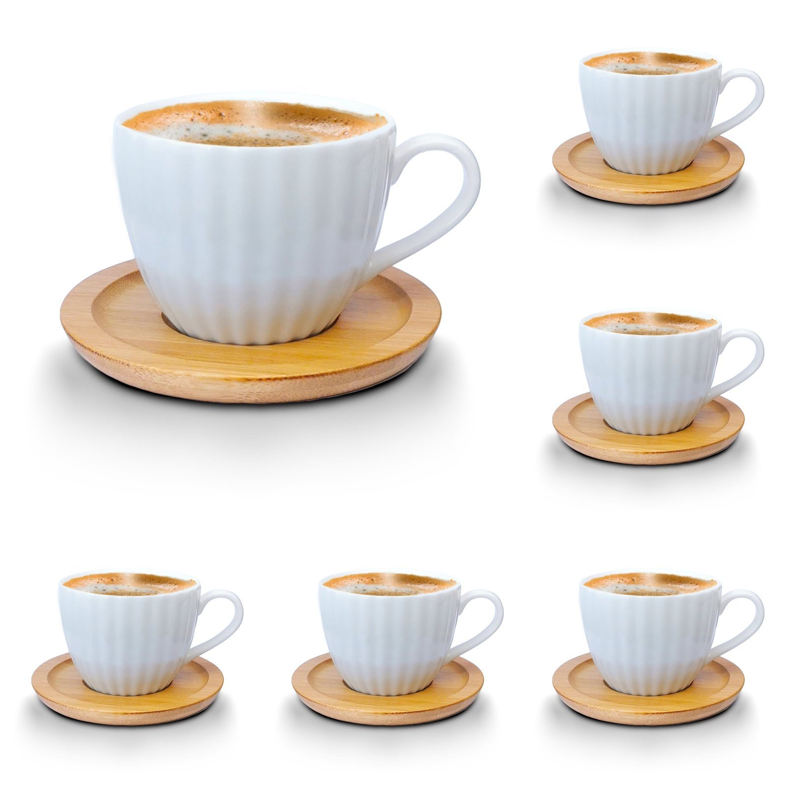 Fiora Kaffeeservice Kaffeetassen Espressotassen Cappuccinotassen mit  untersetzer Porzellan 6 Tassen + 6 Untersetzer Holz Optik Weisse  Kaffeetassen Set (12-tlg), 6 Personen, Porzellan, Kaffeeservice 12 Teilig  für 6 Personen