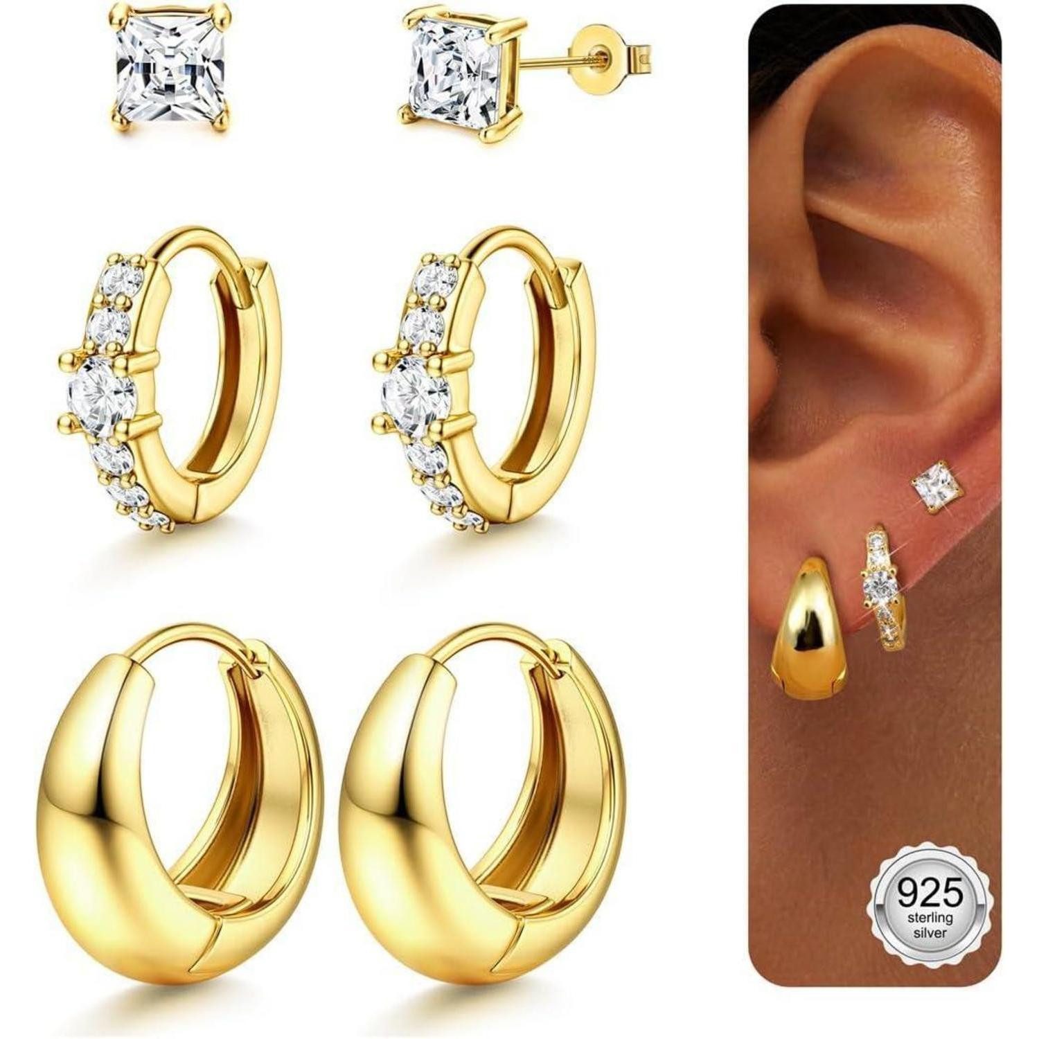 Ohrring-Set Ohrringe Set 3 Paar 14K Gold Silber 925 Creolen Ohrstecker Gold-F