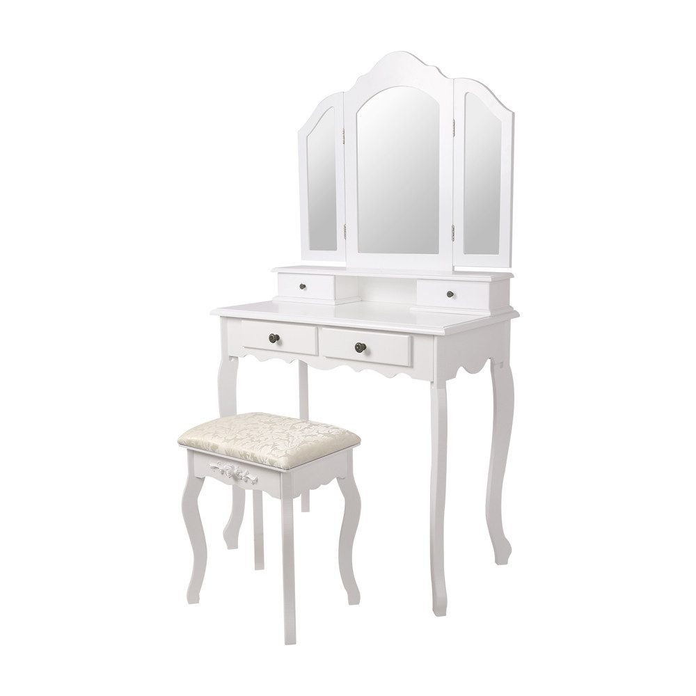 ML-DESIGN Schminktisch Kosmetiktisch mit Spiegel und Hocker aus MDF Holz Make-up Tisch, Tisch 75x140x40 cm Weiß mit Spiegel klappbar und 4 Schubladen