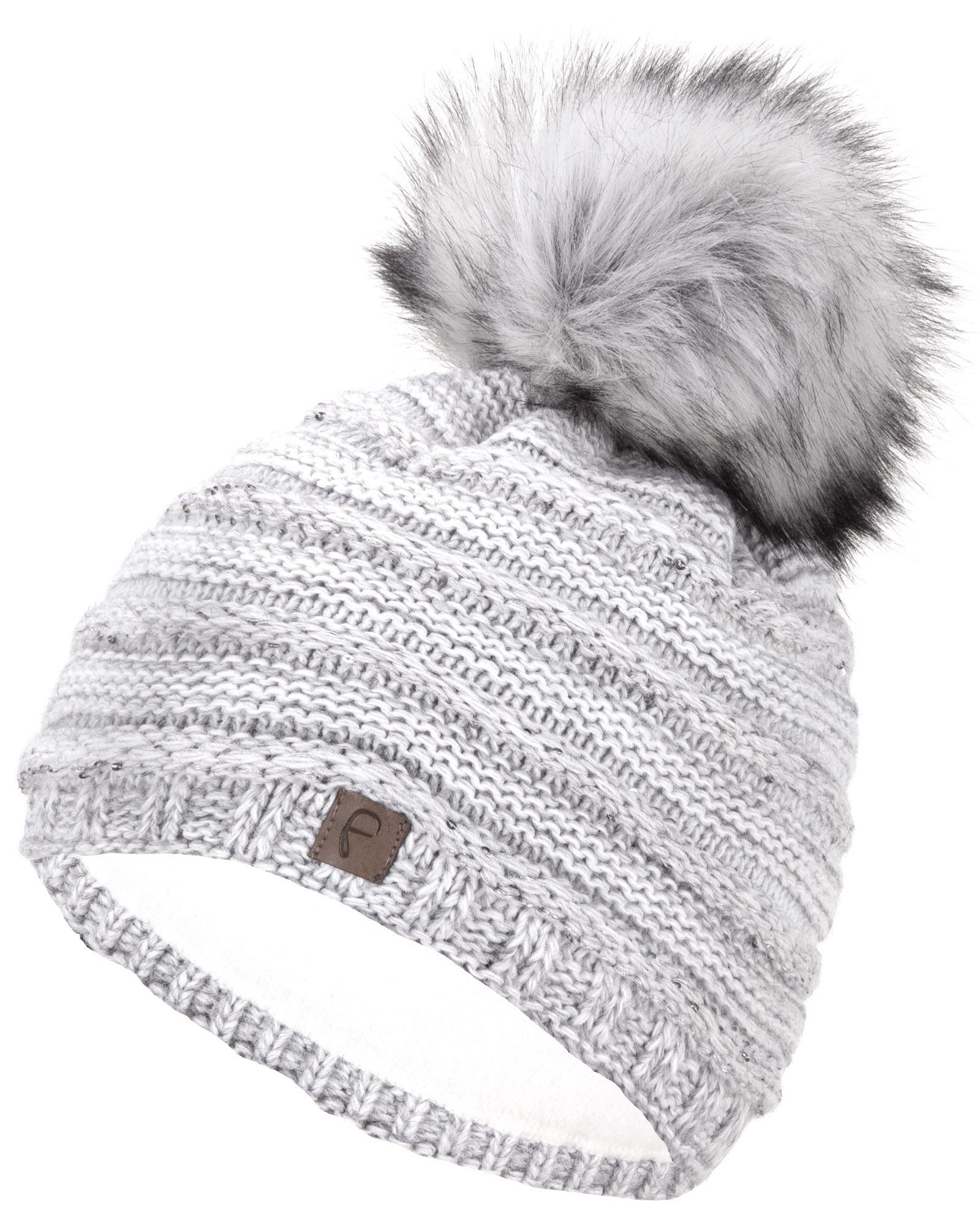 Faera Bommelmütze Wintermütze Damen Bommelmütze Mütze Beanie Haube gefüttert Strickmütze weiß