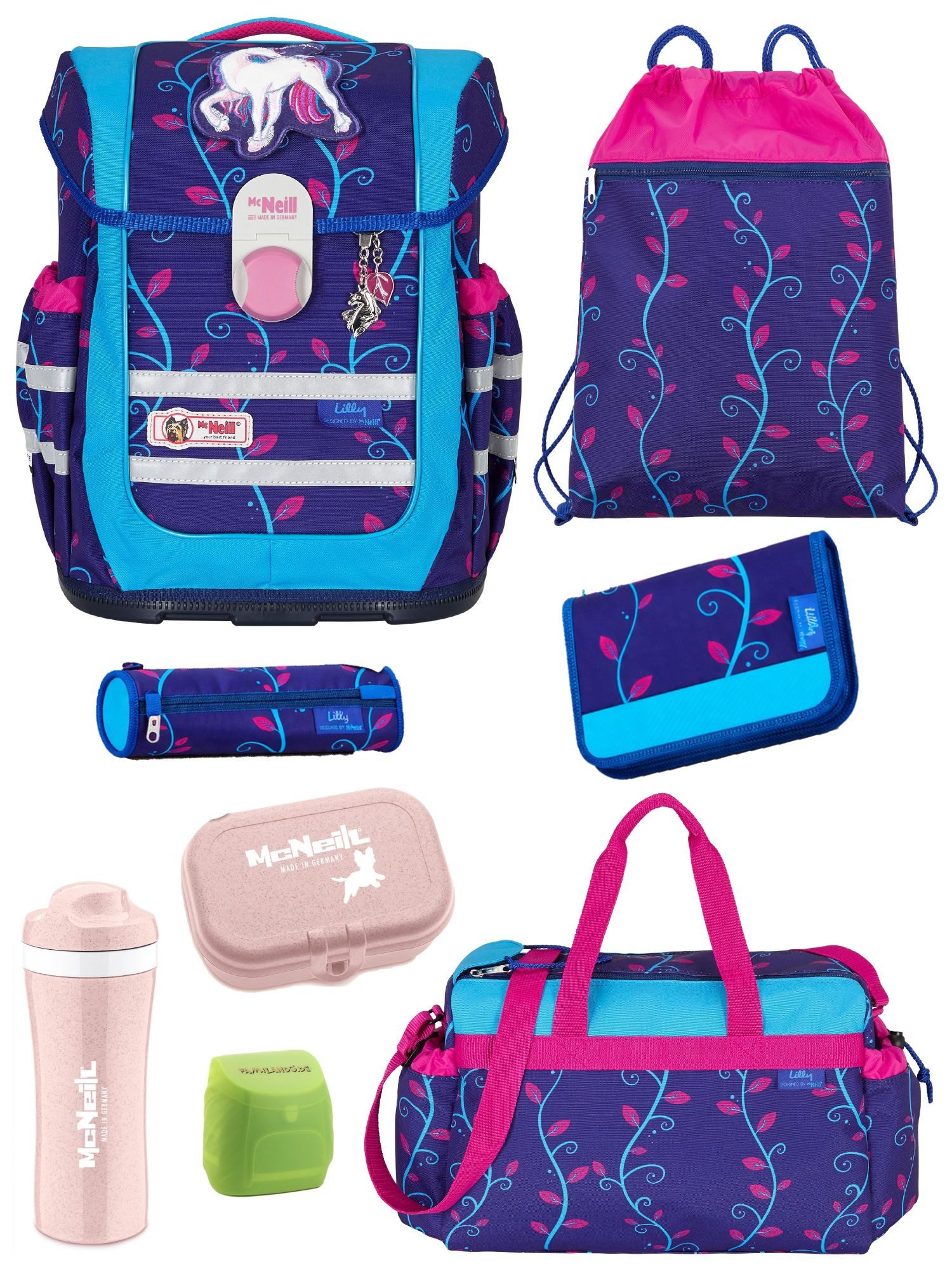 McNeill Schulranzen Ergo Complete "Lilly" Unicorn Einhorn Schultasche ab der 1. Klasse (Set, 9-tlg., inkl. Federmappe und Sporttasche), ergonomisch; mit Brustgurt; höhenverstellbar - wächst mit dem Kind mit