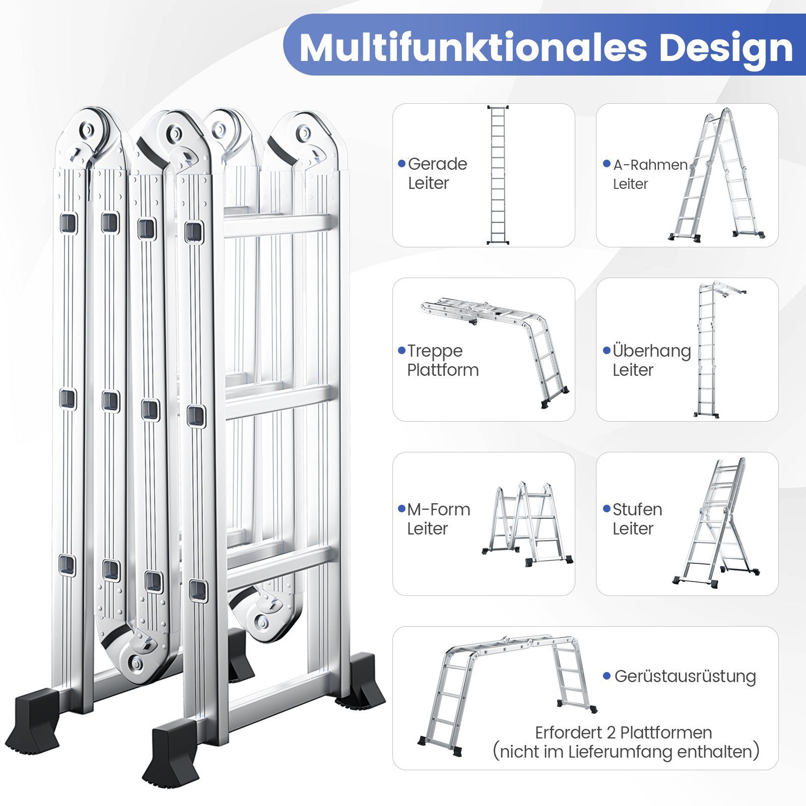 COSTWAY Vielzweckleiter, Aluminium, 7in1, bis 150 Länge kg 370,5cm, Klappbar