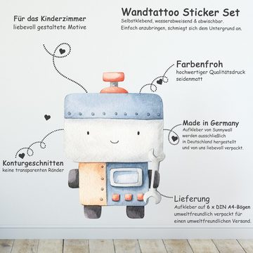 Sunnywall Wandtattoo Roboter - Wandtattoo Kinderzimmer Baby Wandaufkleber (6 St), konturgeschnitten