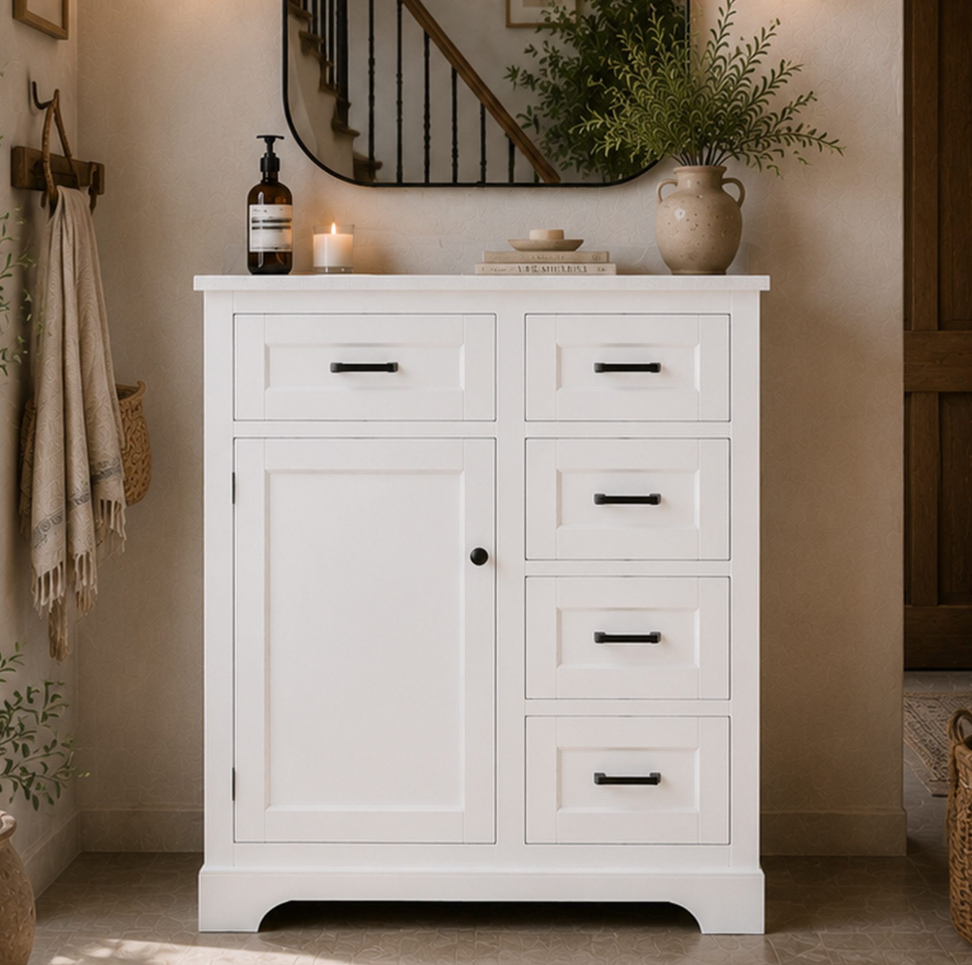 REDOM Waschbeckenunterschrank Badezimmerschrank 76x47x82 cm, mit integriertem Keramikbecken (seitlicher 2-Ebenen-Schublade, lackierter Oberfläche und sanfter Türschließung) Badmöbel, Badschrank