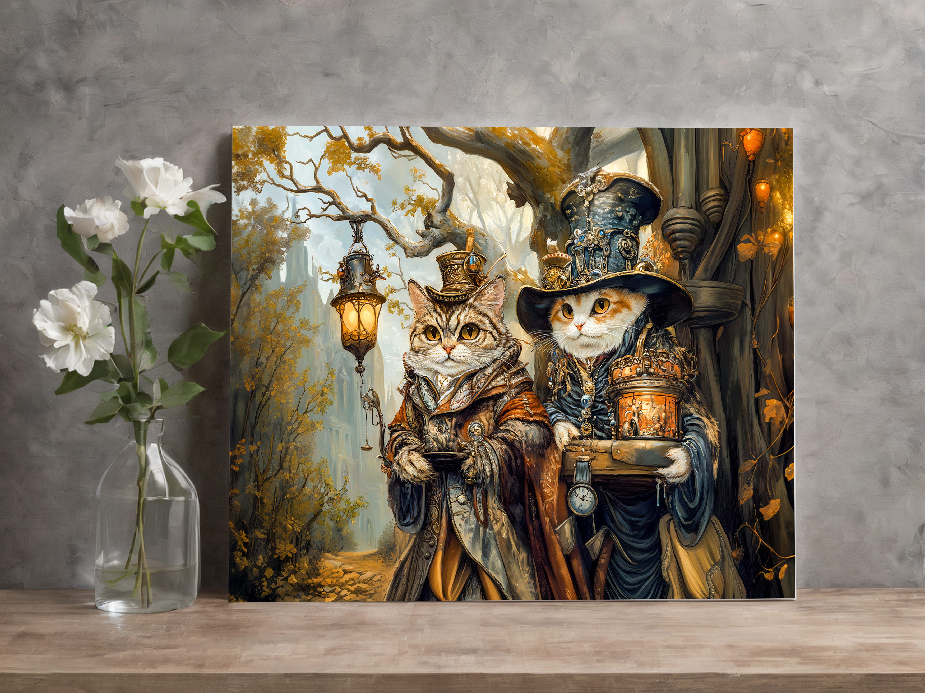 raxxa Leinwandbild "Two Magic Cats in a Steampunk Fantasy Scene", Fotodruck