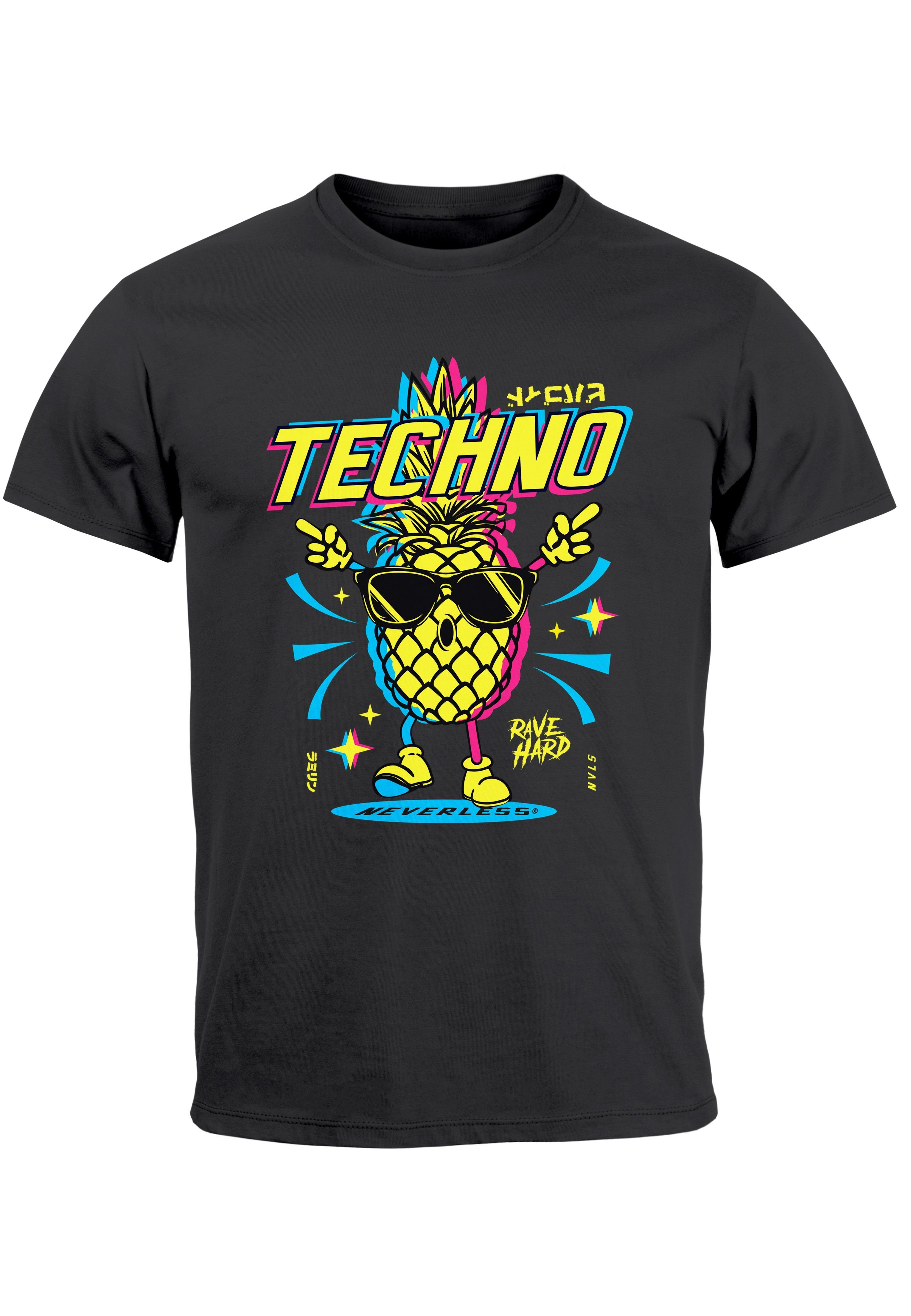 mit Printshirt Shirt anthrazit Techno Print-Shirt Ananas Lustig Print Tanzen Rave Herren Party T-Shirt Neverless