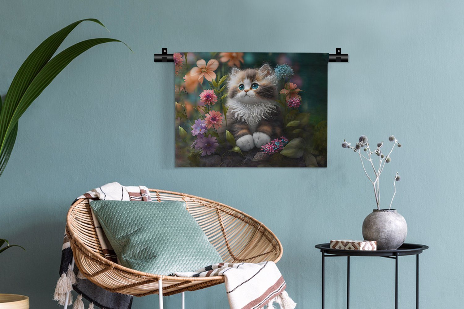 Wanddeko - Katze, Schlafzimmer, - Kinderzimmer Wanddekoobjekt MuchoWow - Wohnzimmer, Kleid, Blumen Illustration für Kätzchen Wandbehang, - Natur