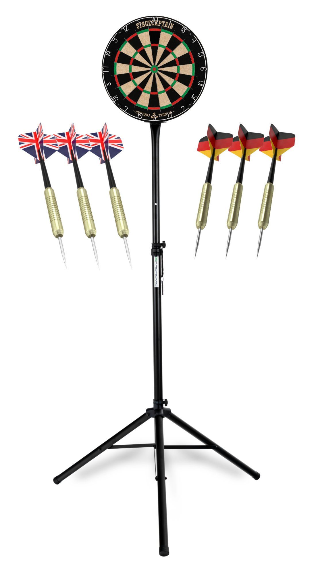 Stagecaptain Dartscheibe DBS-1715 BullsEye Pro, (Dartboard Ständer Set, 19-tlg., inkl. Stativ, 6 Dartpfeilen und 12 Flights), Steeldartscheibe aus Sisal mit dünnen Drähten
