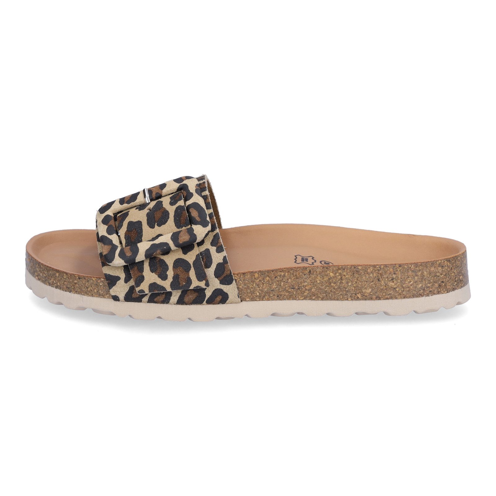MIDS MINTA Damen Pantolette leo Animalprint, Einriemer mit Lederfußbett, Korksohle & Schnalle