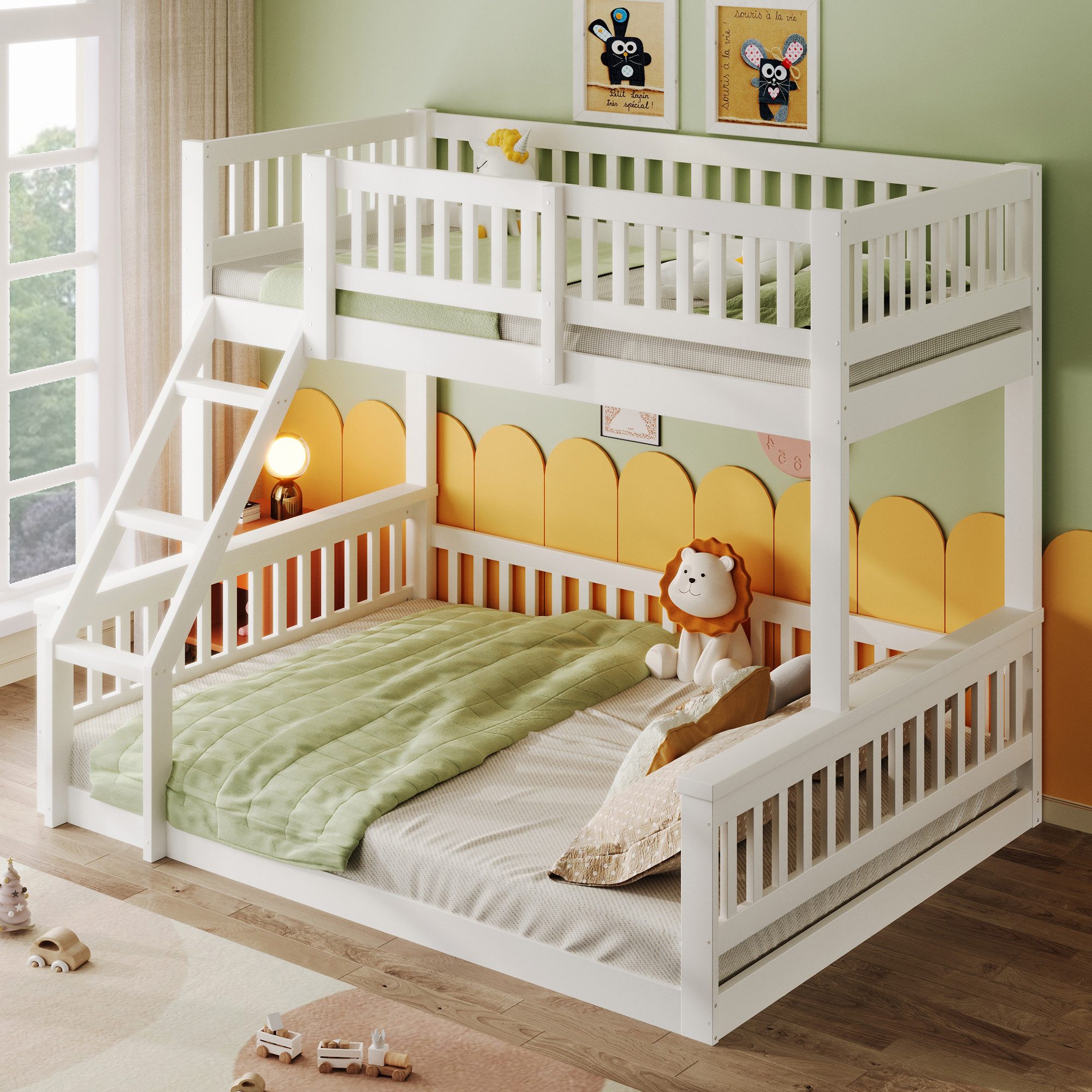 OKWISH Etagenbett Kinderbett Holzbett (mit Leiter und sicherem Bettgitter, platzsparendes Doppelbett, 90x200cm+140x200cm), ohne Matratze
