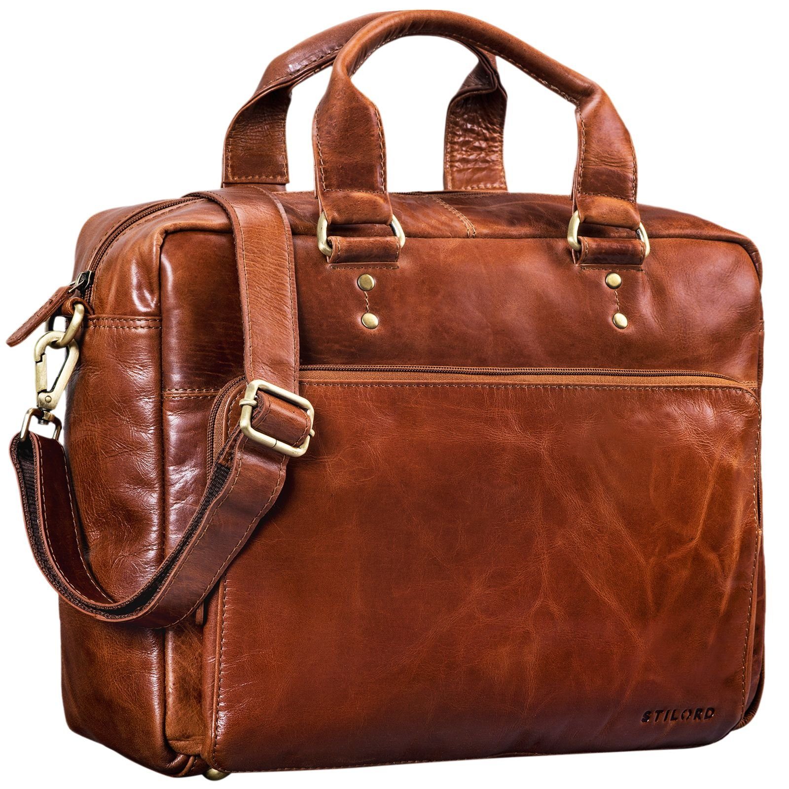 STILORD - Herren cognac glänzend Aktentasche "Jack" Ledertasche Aktentasche