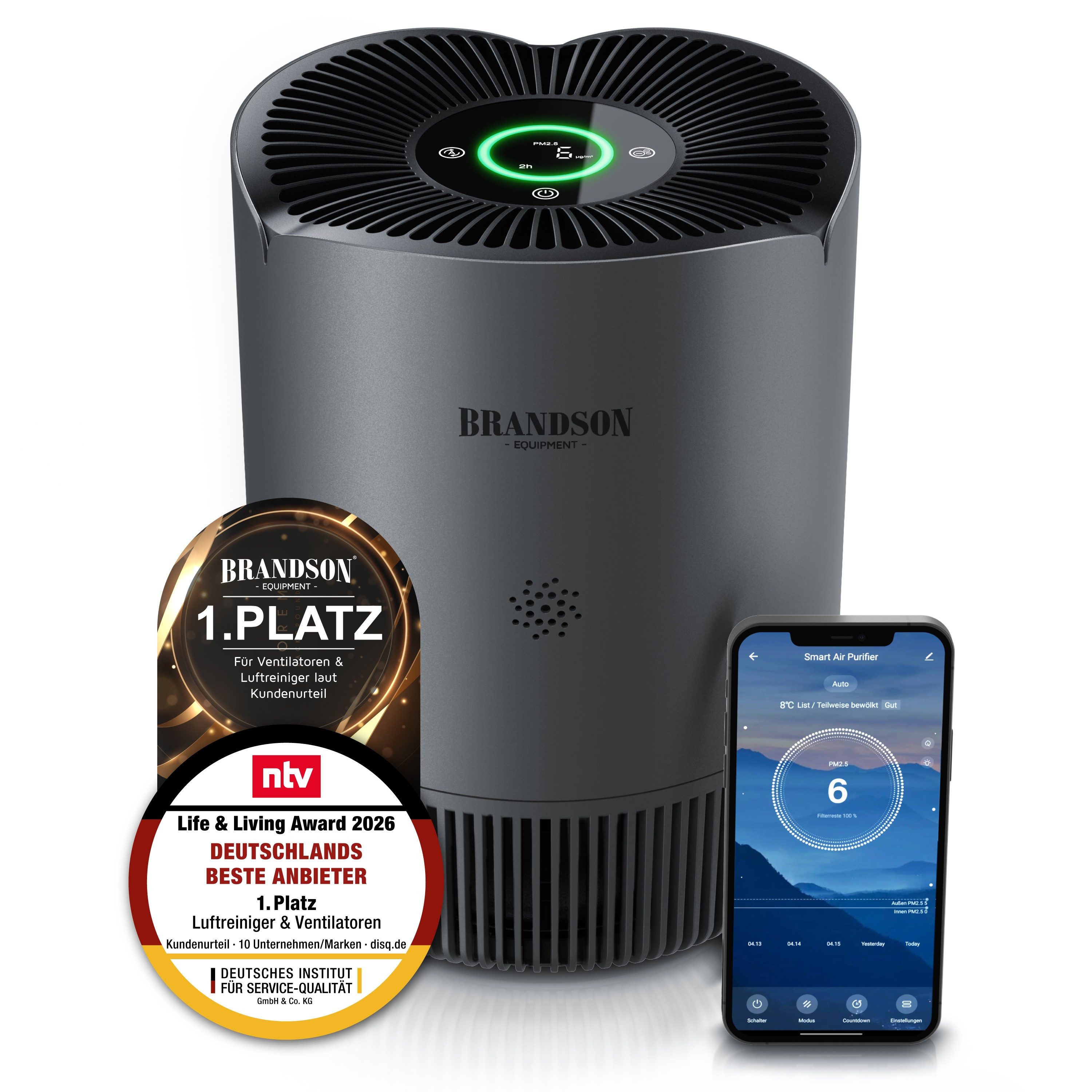 Brandson Luftreiniger für Allergiker, HEPA 13 + Aktivkohle, WLAN-App, 158 m³/h, 45 m², für 45 m² Räume, PM2,5-Anzeige, 4 Geschwindigkeiten, Timer und Kindersicherung