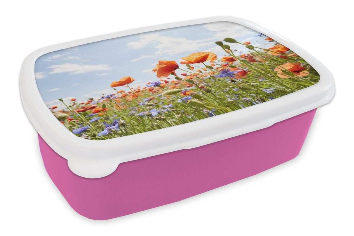 MuchoWow Lunchbox Blumen - Luft - Feld, Kunststoff, (2-tlg), Brotbox für Erwachsene, Brotdose Kinder, Snackbox, Mädchen, Kunststoff rosa