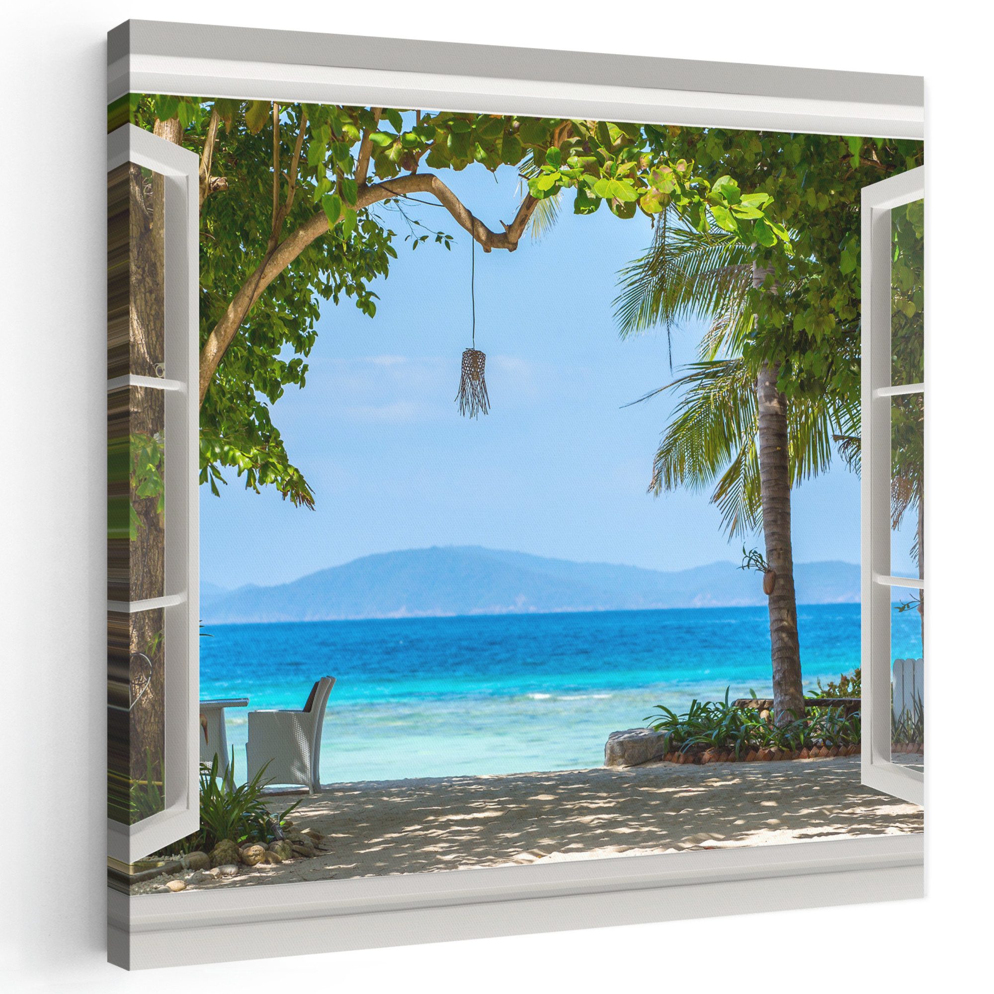 OneMillionCanvasses® Leinwandbild Aussicht - Baum - Meer - Palme - Hügel - Strand - Blau, Fotodruck (1 St), Wandbild, Deko Schlafzimmer Wohnzimmer Flur 20x20 cm