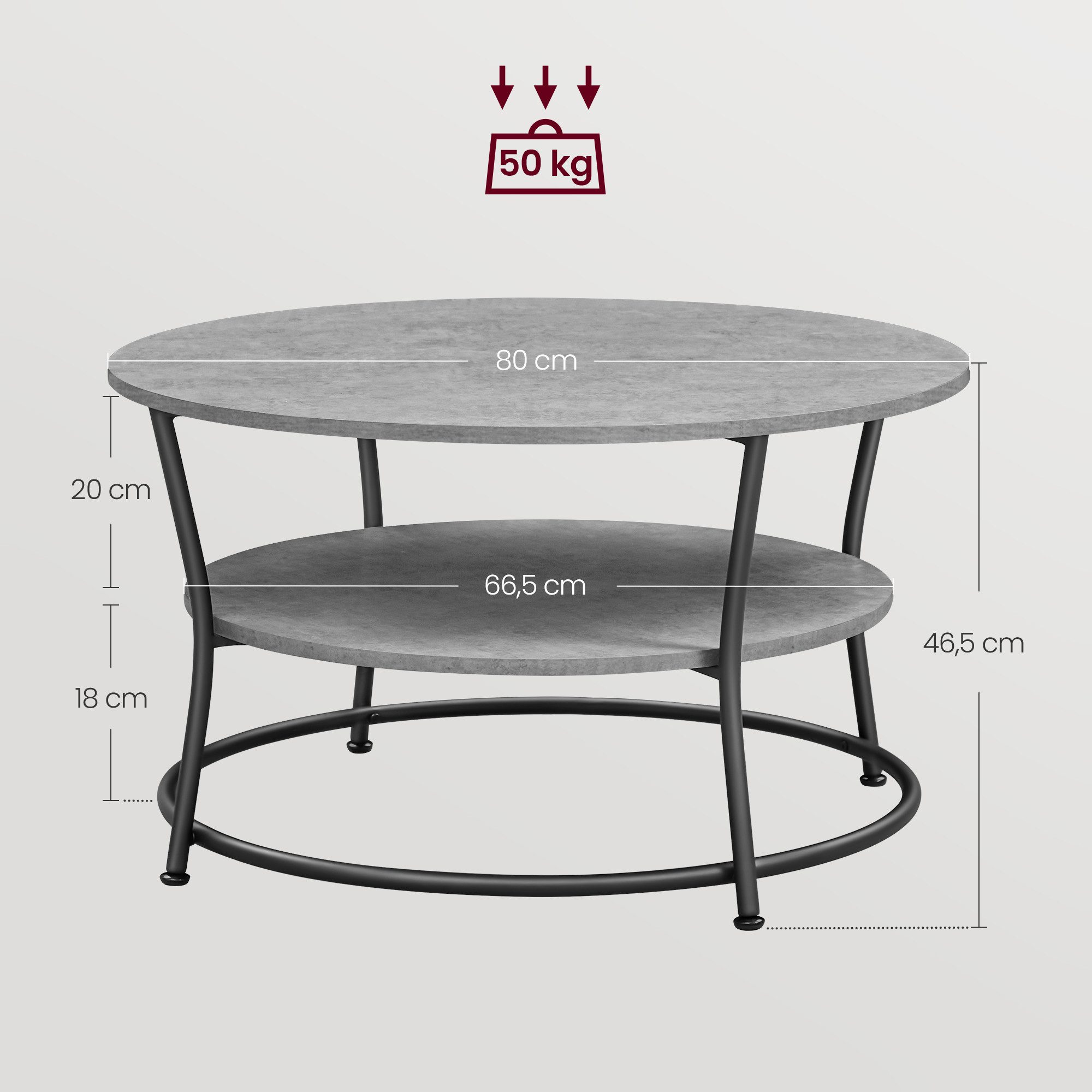 VASAGLE Couchtisch rund, Metallgestell, Holzoptik, Industrial, mit doppeltem Stauraum (inkl. Zubehörpaket & Anleitung), Wohnzimmertisch, Sofatisch, Ø 80 x 45 cm, einfacher Aufbau