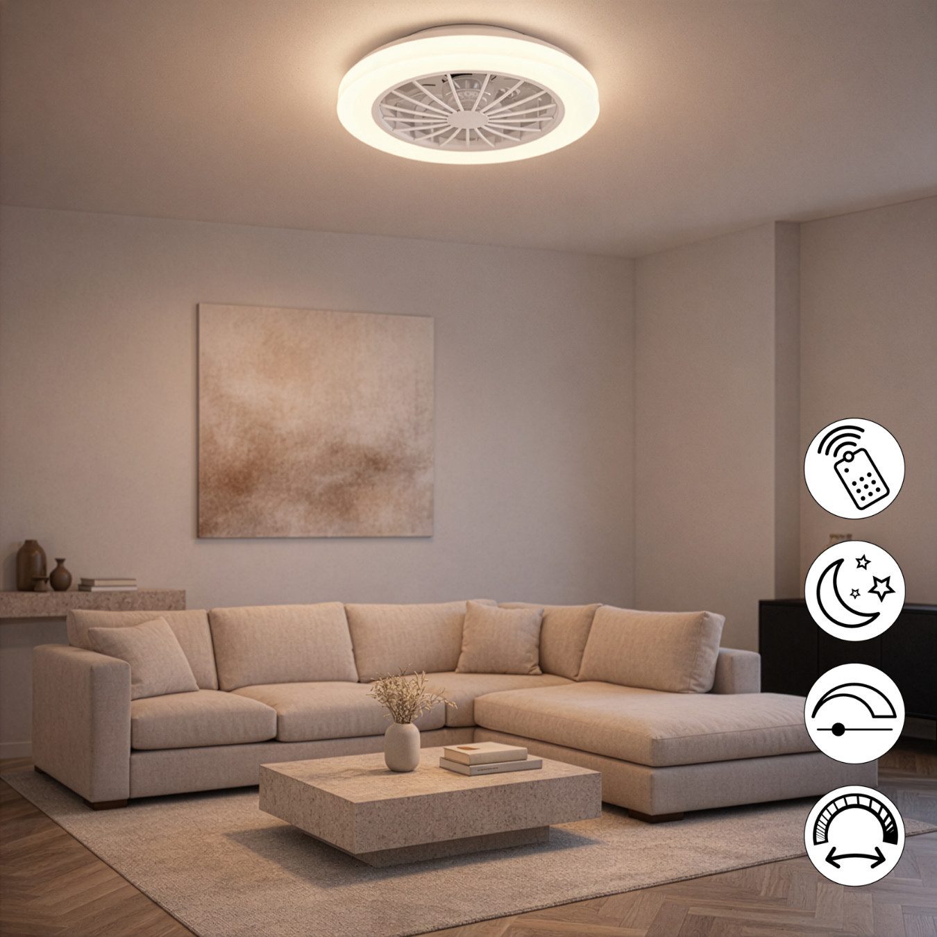 Hanseatic LED Deckenleuchte DLVO69222RS, Deckenventilator mit Licht Ø 38cm, inkl Fernbedienung, CCT - über Fernbedienung, Dimmfunktion, Fernbedienung, Infrarot inkl., Memoryfunktion, Nachtlichtfunktion, Timerfunktion, Ventilatorfunktion, getrennt schaltbar, mehrere Helligkeitsstufen, LED fest integriert, Farbwechsler, warmweiß - kaltweiß, Ventilator mit 5 Stufen, Vor- & Rücklauf, LED mit CCT Timer Nachtlicht