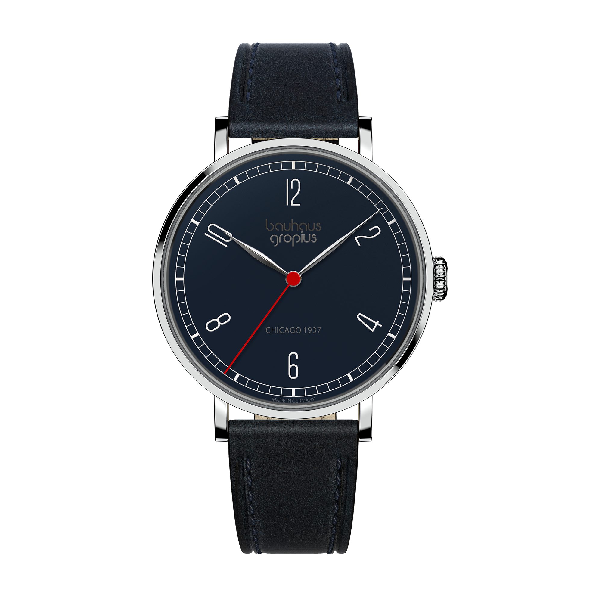 Walter Gropius Quarzuhr Made in Germany, Saphirglas, New Bauhaus Chicago 1937 - WGN 002-05, Designeruhr, Lederarmband mit Easy-Release System, Edelstahlgehäuse