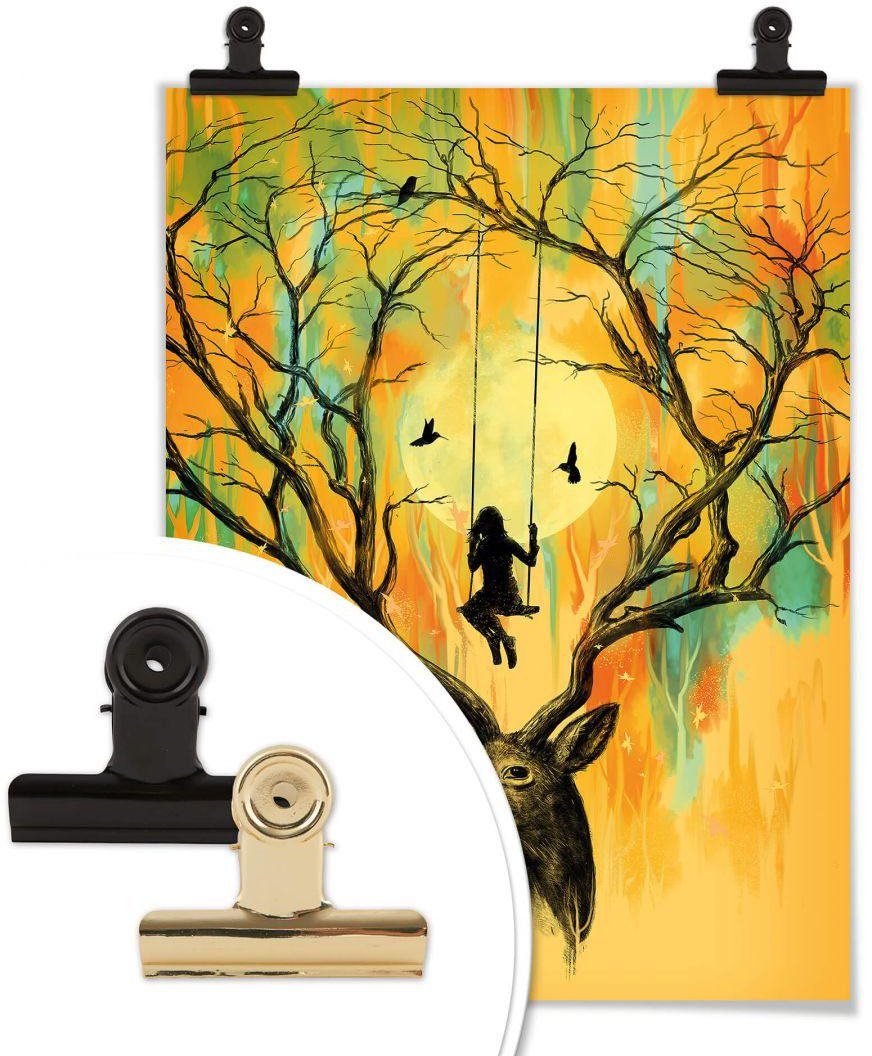 Wall-Art Tiere Geweih Wandbild, Hirsch Poster, St), Bild, Poster Orange Schaukel, Wandposter (1