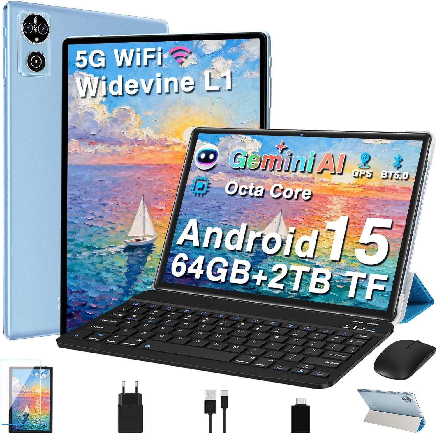 DEERTiME E15 Android 15 Tablet 30GB RAM 64GB Speicher/erweiterbar auf bis 2TB Tablet (10,1", 64 GB, Android 15, 6000mAh, Gemini AI, 5G WiFi, Widevine L1, mit Tastatur/Maus)