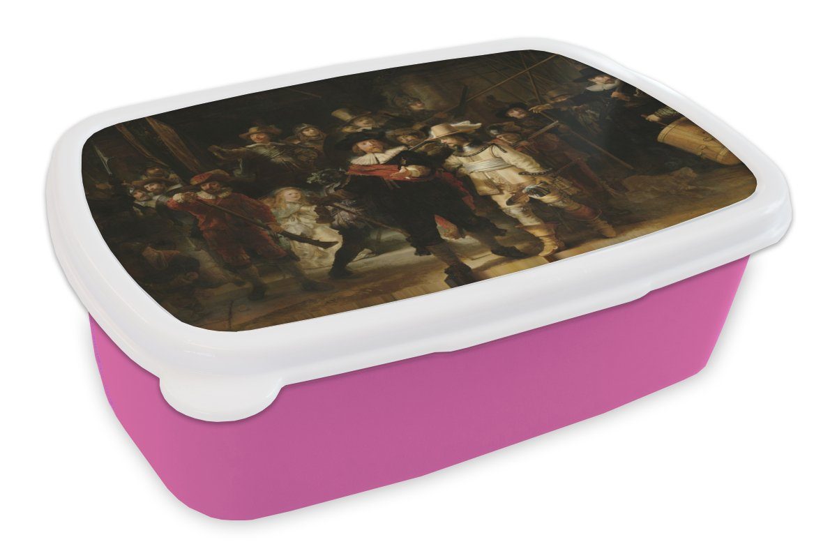 MuchoWow Lunchbox Die Nachtwache - Kunst - Alte Meister - Rembrandt, Kunststoff, (2-tlg), Brotbox für Erwachsene, Brotdose Kinder, Snackbox, Mädchen, Kunststoff rosa