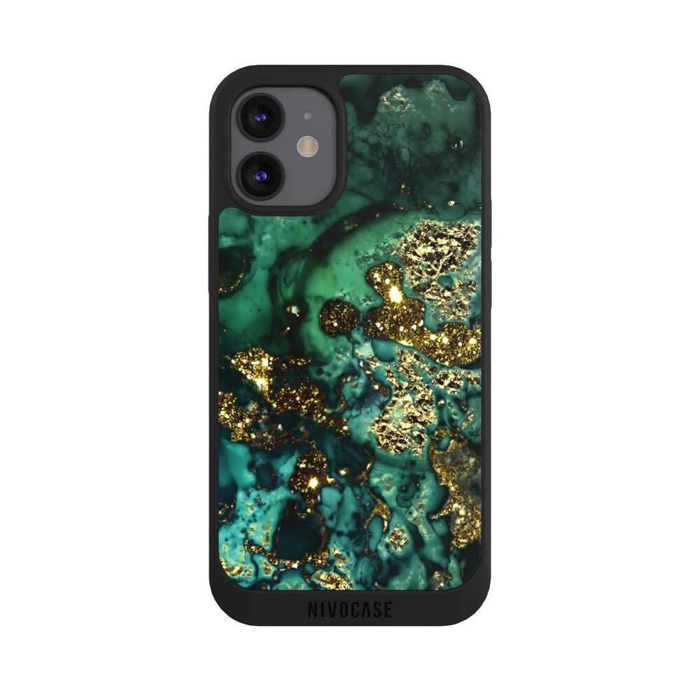 NIVOCASE Handyhülle Marmor Glitzer Look Muster Cyan Glitter Marble Look, Apple iPhone 12 mini Handyhülle Hülle NIVOpure Case Schwarz