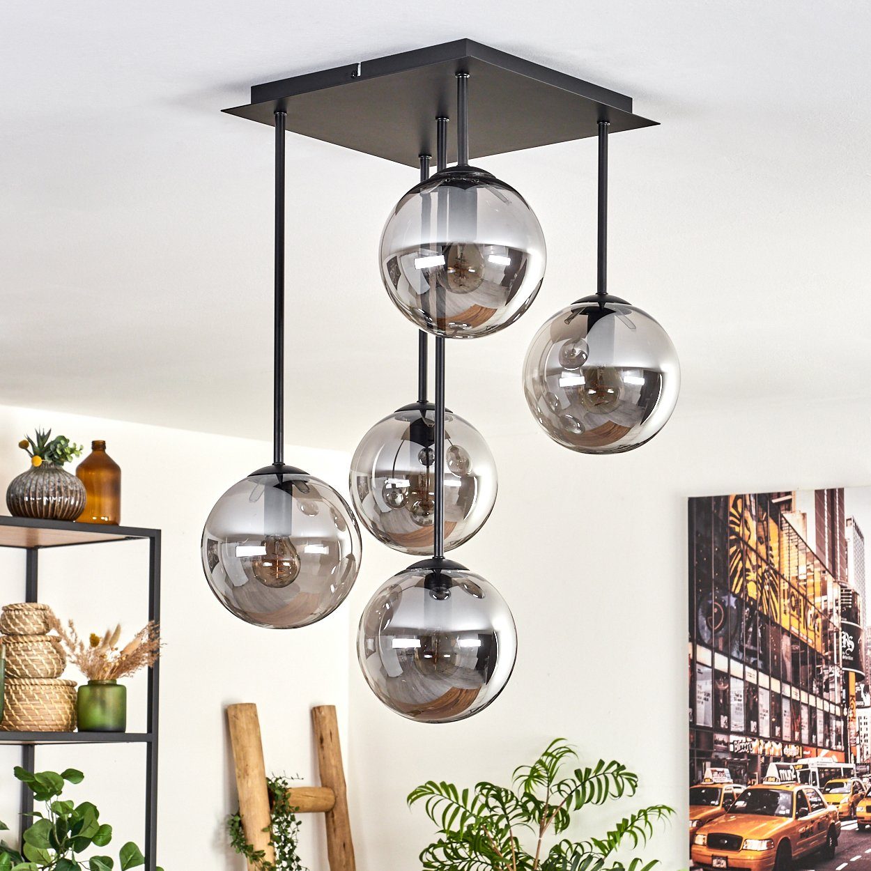 hofstein Deckenleuchte Deckenlampe aus Metall/Glas in Schwarz/Rauchfarben, ohne Leuchtmittel, moderne Leuchte mit Glasschirmen (15 cm), 5 x E14, ohne Leuchtmitt – Bild 2 von 5