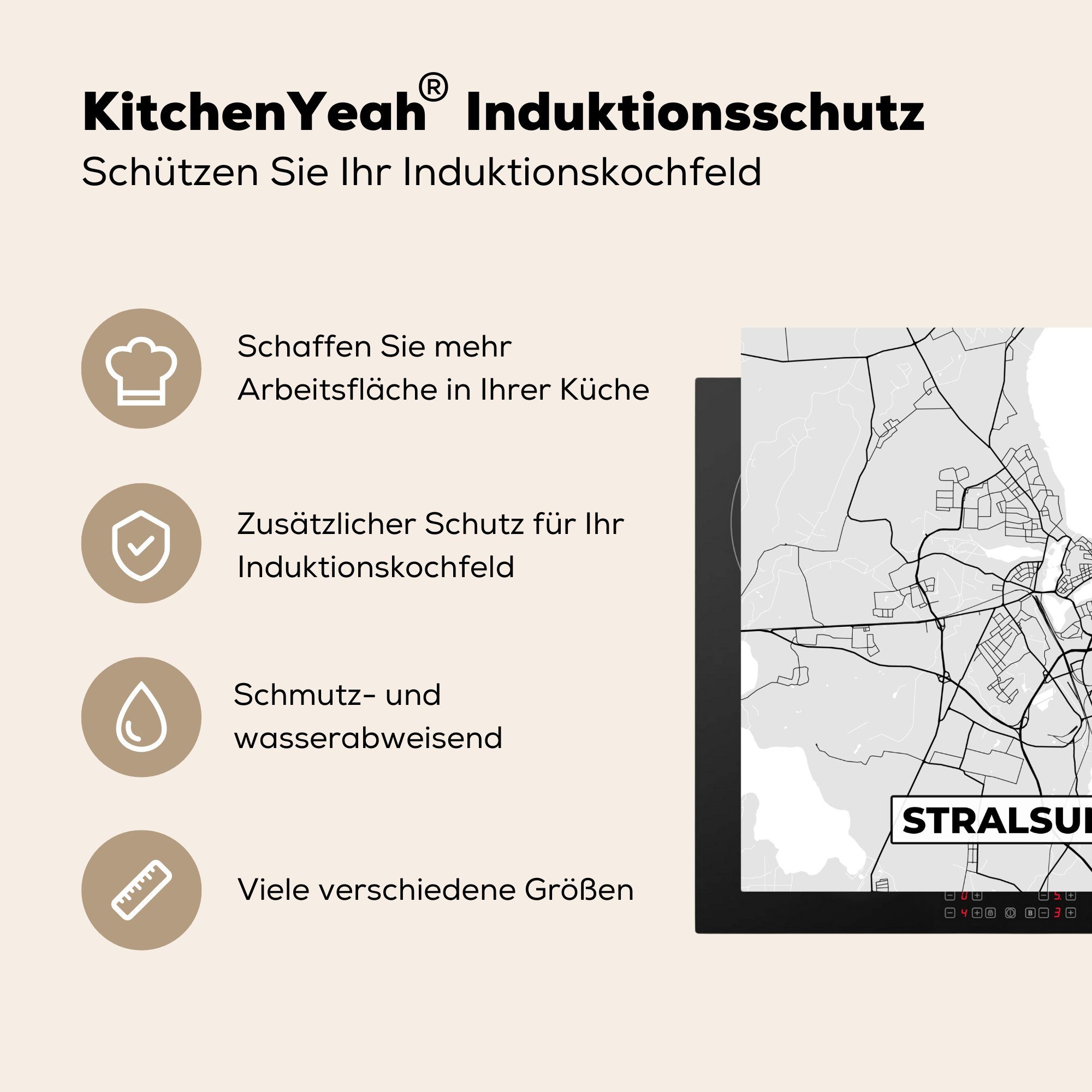 tlg), für Herdblende-/Abdeckplatte Karte, Vinyl, Ceranfeldabdeckung, Deutschland Stadtplan 78x78 - - - Karte (1 Stralsund küche Arbeitsplatte - MuchoWow cm,