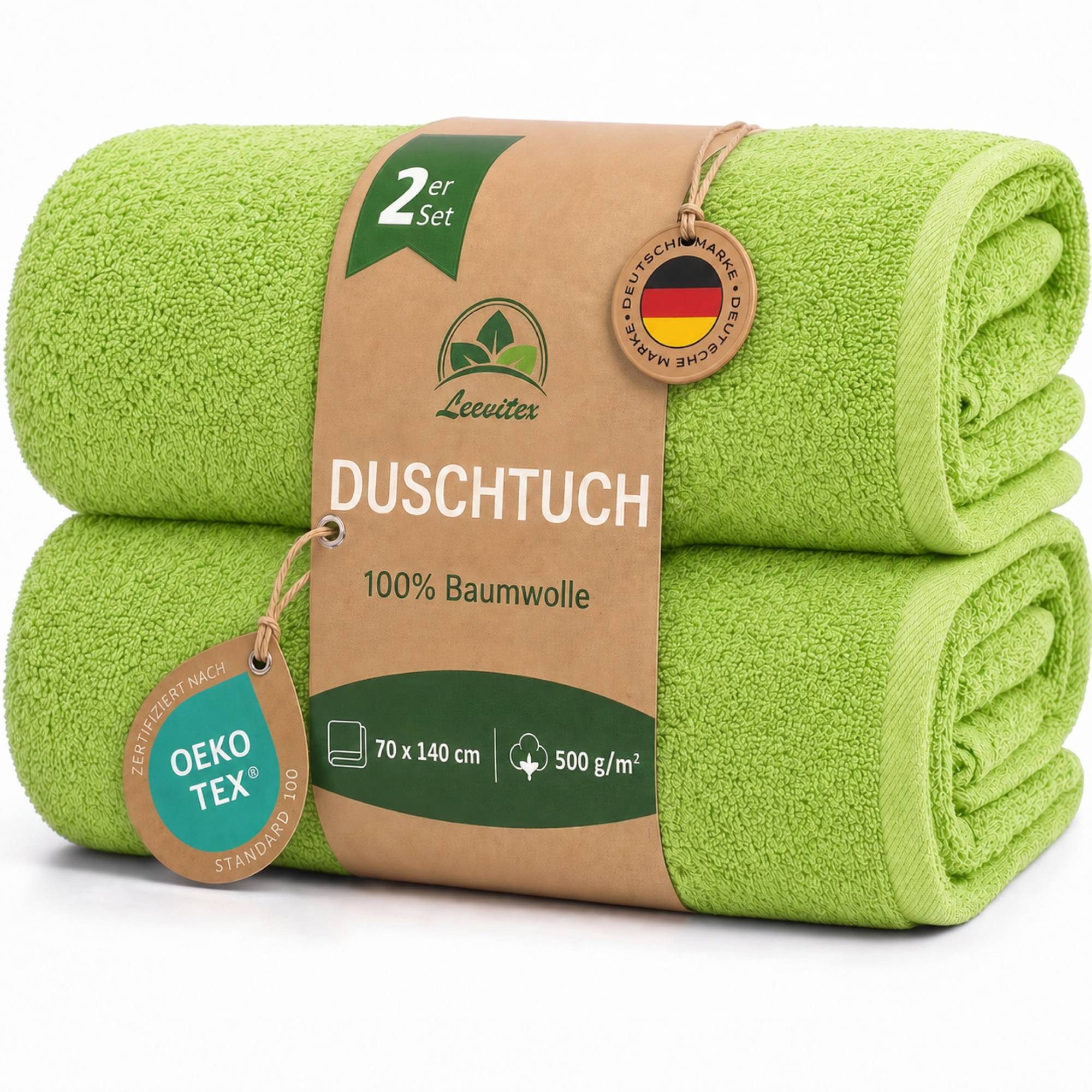 leevitex® Duschtücher 2er-Set, 70x140 cm, 100% Baumwolle, saugstark und fusselfrei, Frottee (Set, 2-St), OEKO-TEX® STANDARD 100 zertifiziert, gestreifte Bordüre