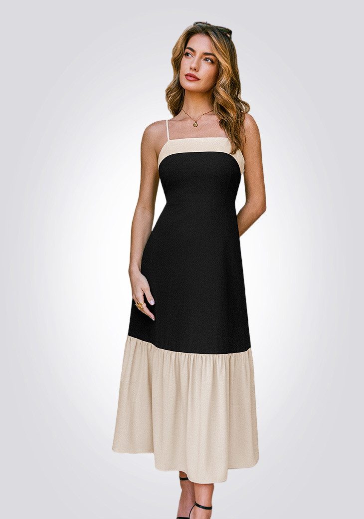 Cupshe Maxikleid Zweifarbiges Midi-Kleid mit Rüschensaum und Trägern