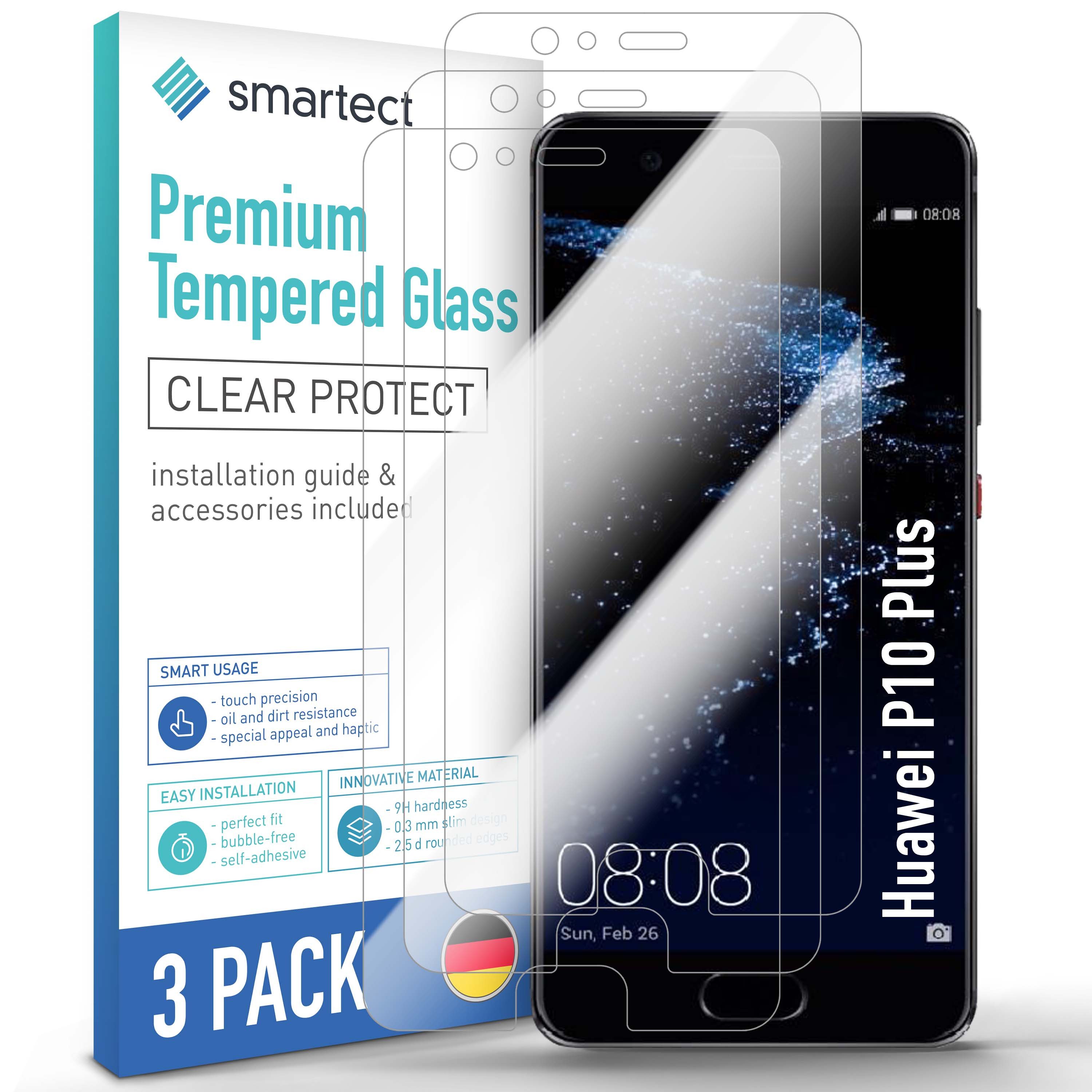 smartect Displayschutzglas 3X Schutzglas Panzerfolie Klar für Huawei P10 Plus für Huawei P10 Plus, Set, 3 Stück, 0.3 mm Ultra-klar, 9H Härte, Kratzfest, Stoßfest, Blasenfrei, Oleophob