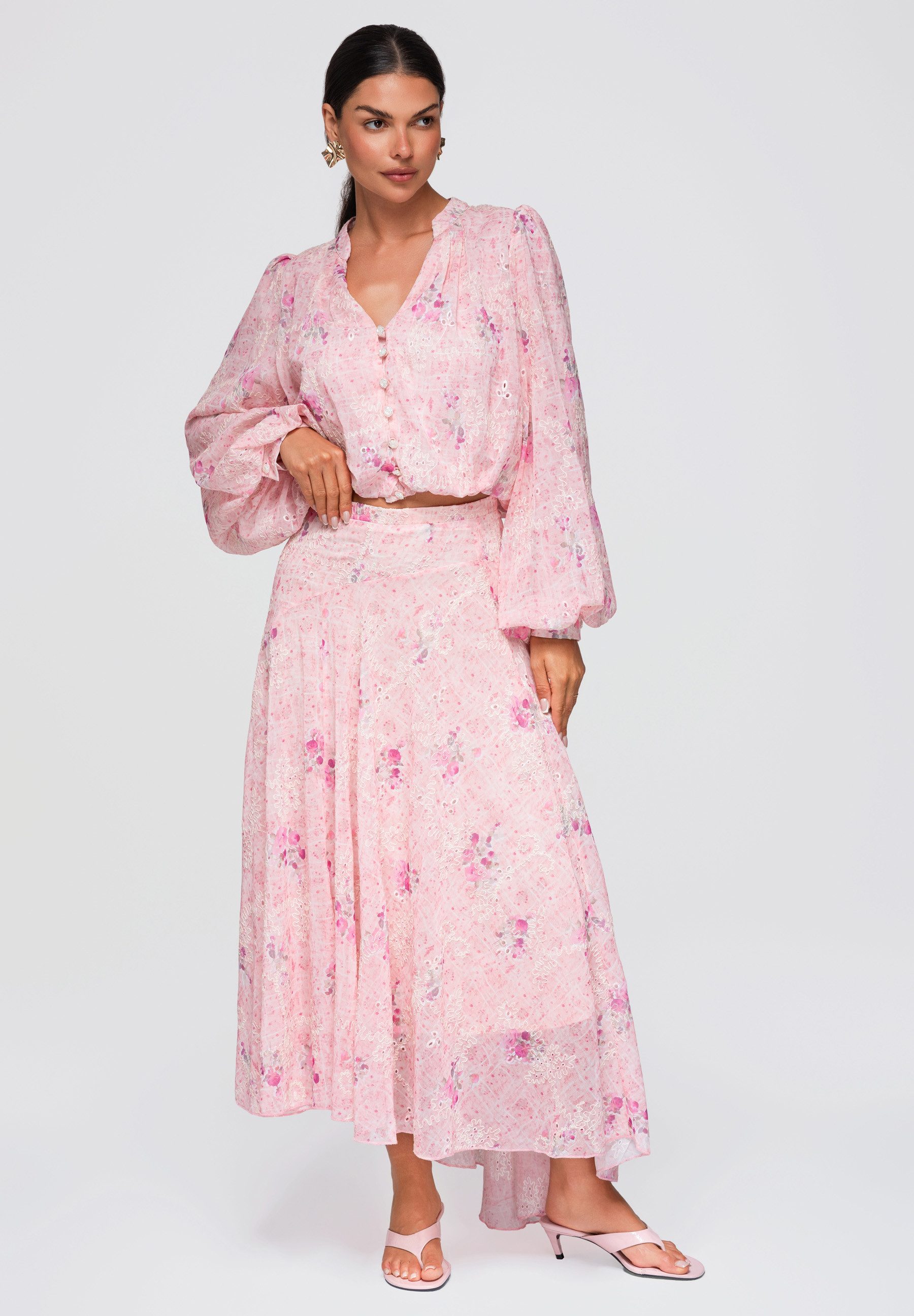 OMBRE Hemdbluse Damen Bluse mit V-Ausschnitt und Stehkragen Rose L (kein Set, 1-tlg) halbtransparent