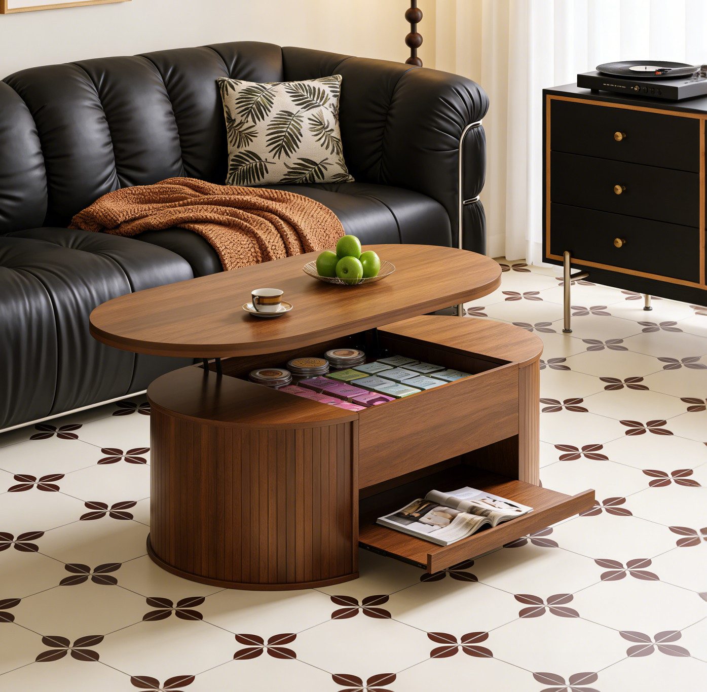 STILVORA Sideboard mit Regal,anhebbarer Sofatisch Kaffeetisch mit verstecktem Stauraum (Beistelltisch, Sofatisch, ausziehbarem Regal), mit gebogenen Holzseiten