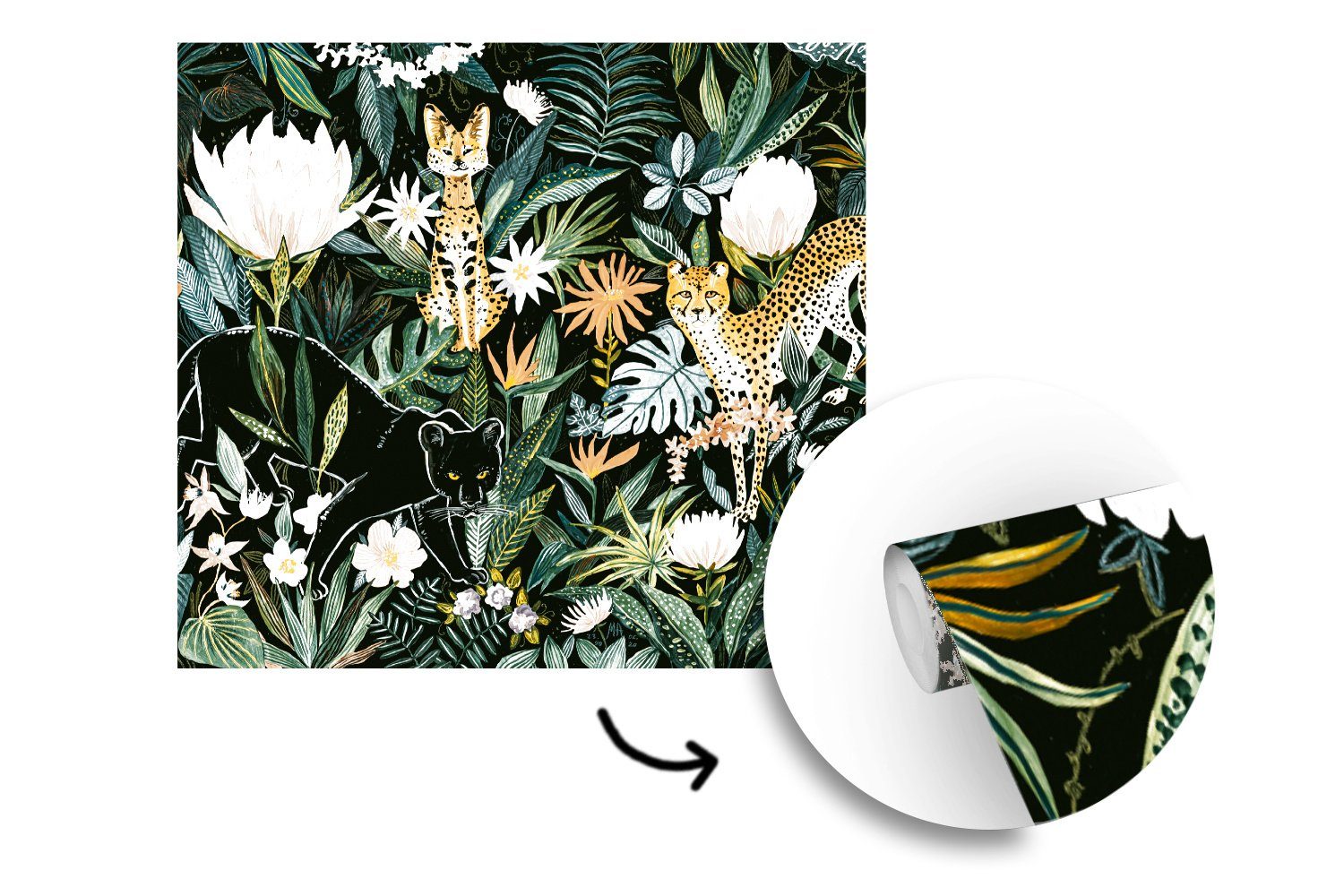 Panther Wohnzimmer - Matt, Dschungel - Wandtapete Tapete Fototapete Vinyl Schlafzimmer, für Leopard St), bedruckt, Pflanzen, MuchoWow (5 - oder